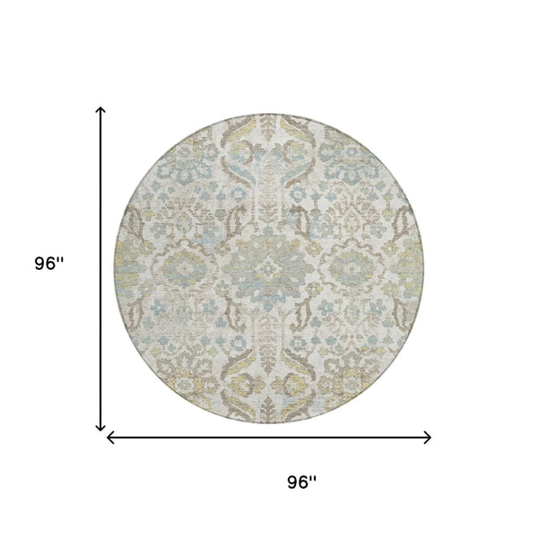8' Ivory And Beige Round Damask Washable Indoor Outdoor Area Rug Homeroots Outdoor
