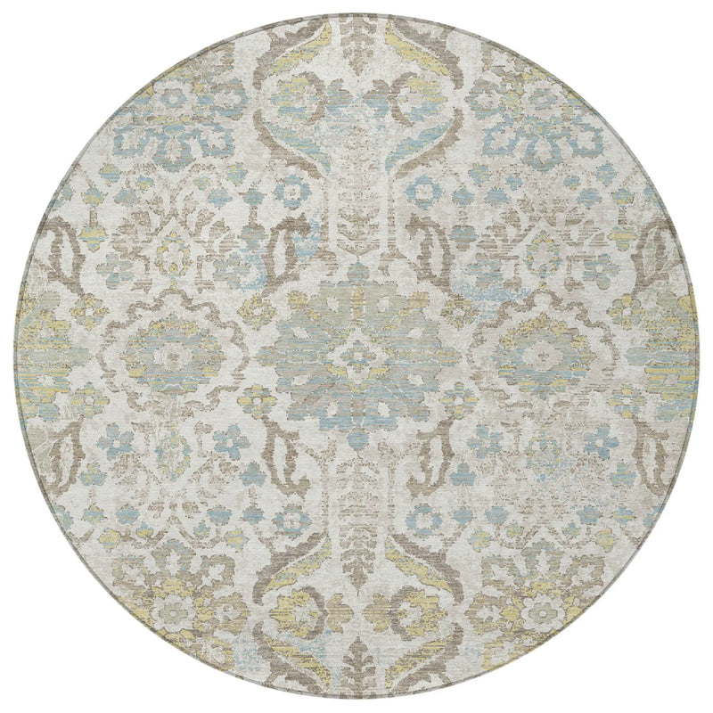 8' Ivory And Beige Round Damask Washable Indoor Outdoor Area Rug Homeroots Outdoor