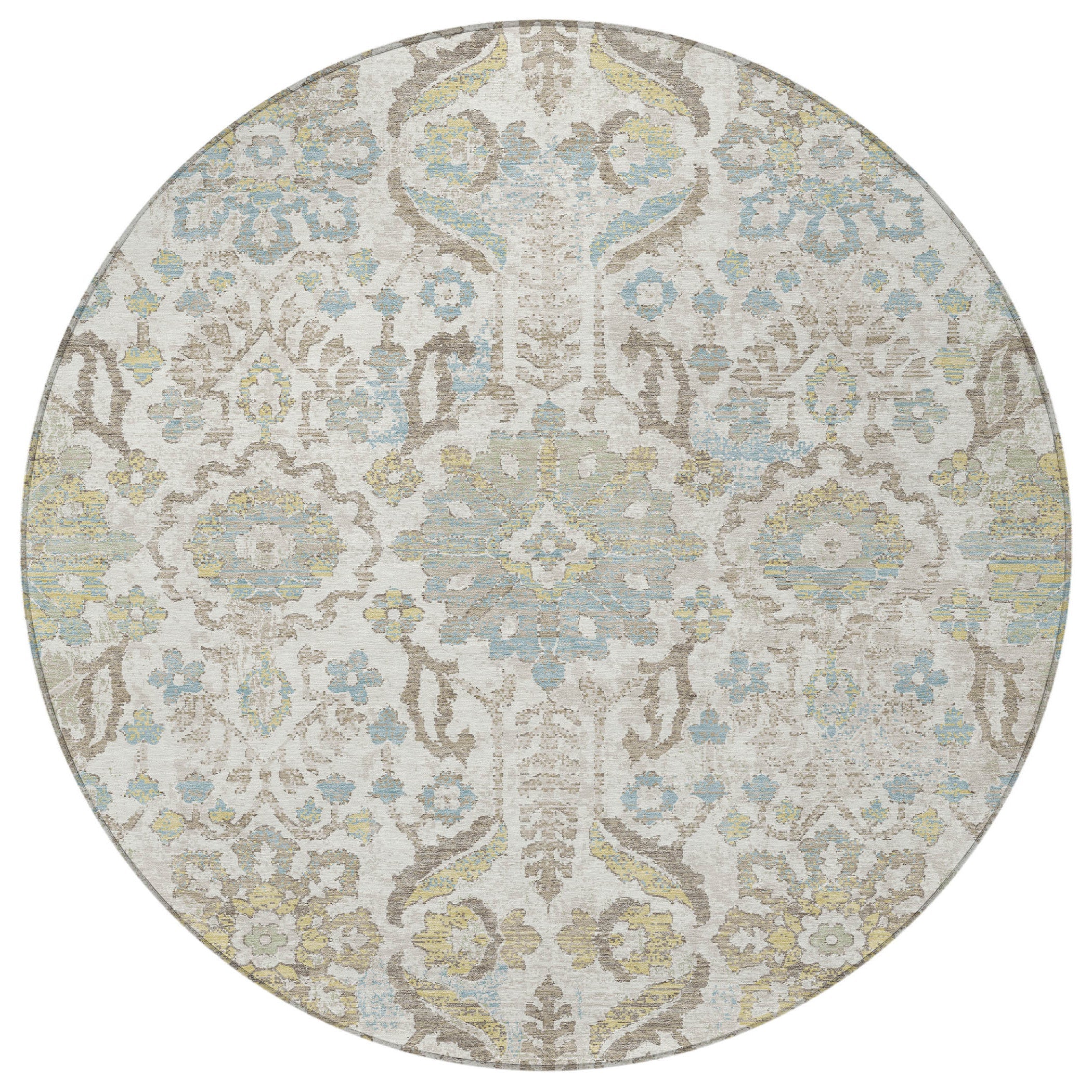 8' Ivory And Beige Round Damask Washable Indoor Outdoor Area Rug Homeroots Outdoor