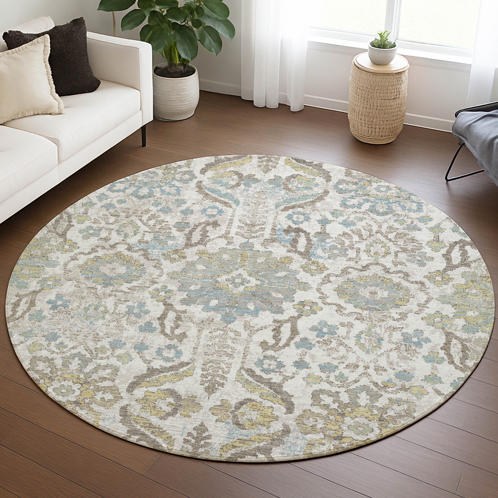 8' Ivory And Beige Round Damask Washable Indoor Outdoor Area Rug Homeroots Outdoor
