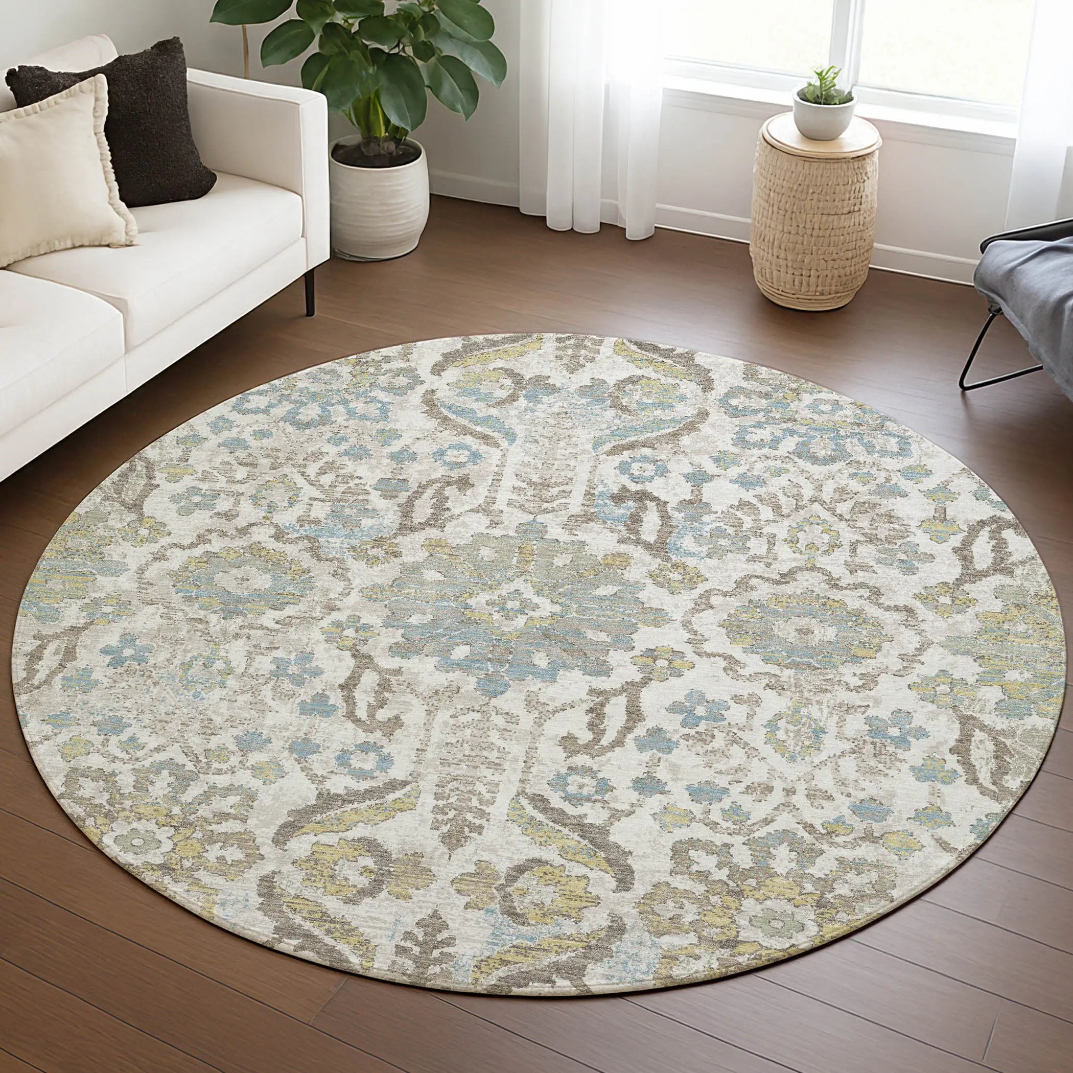 8' Ivory And Beige Round Damask Washable Indoor Outdoor Area Rug Homeroots Outdoor
