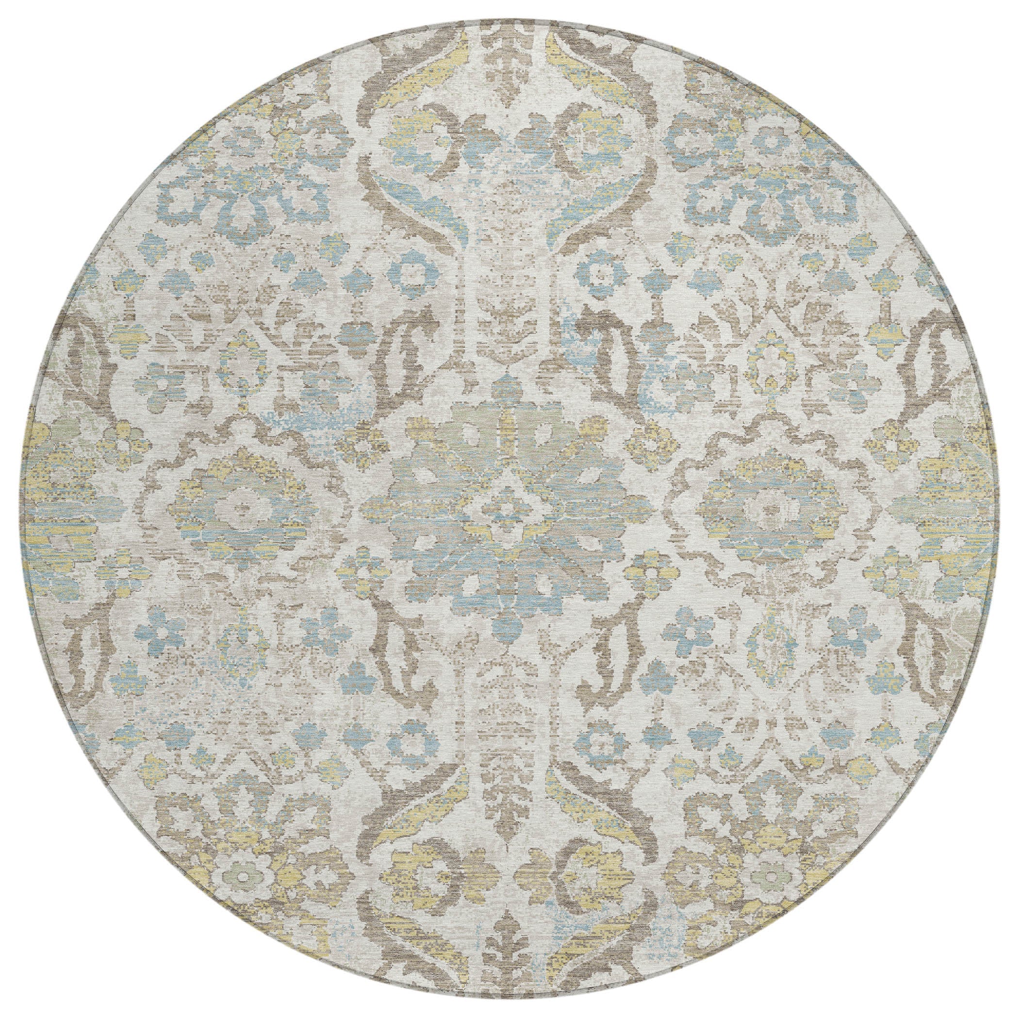 8' Ivory And Beige Round Damask Washable Indoor Outdoor Area Rug Homeroots Outdoor