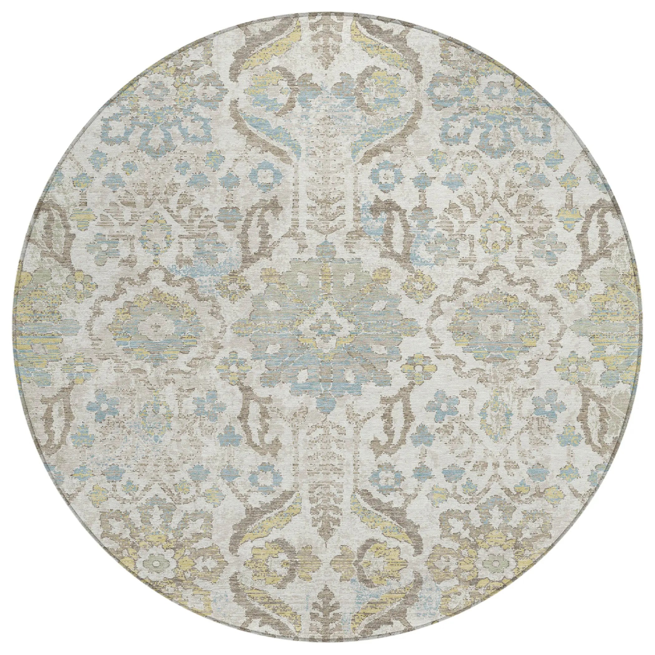 8' Ivory And Beige Round Damask Washable Indoor Outdoor Area Rug Homeroots Outdoor