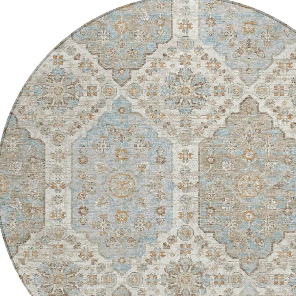 8' Ivory And Beige Round Damask Washable Indoor Outdoor Area Rug Homeroots Outdoor