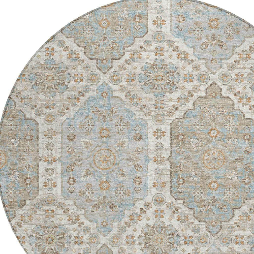 8' Ivory And Beige Round Damask Washable Indoor Outdoor Area Rug Homeroots Outdoor