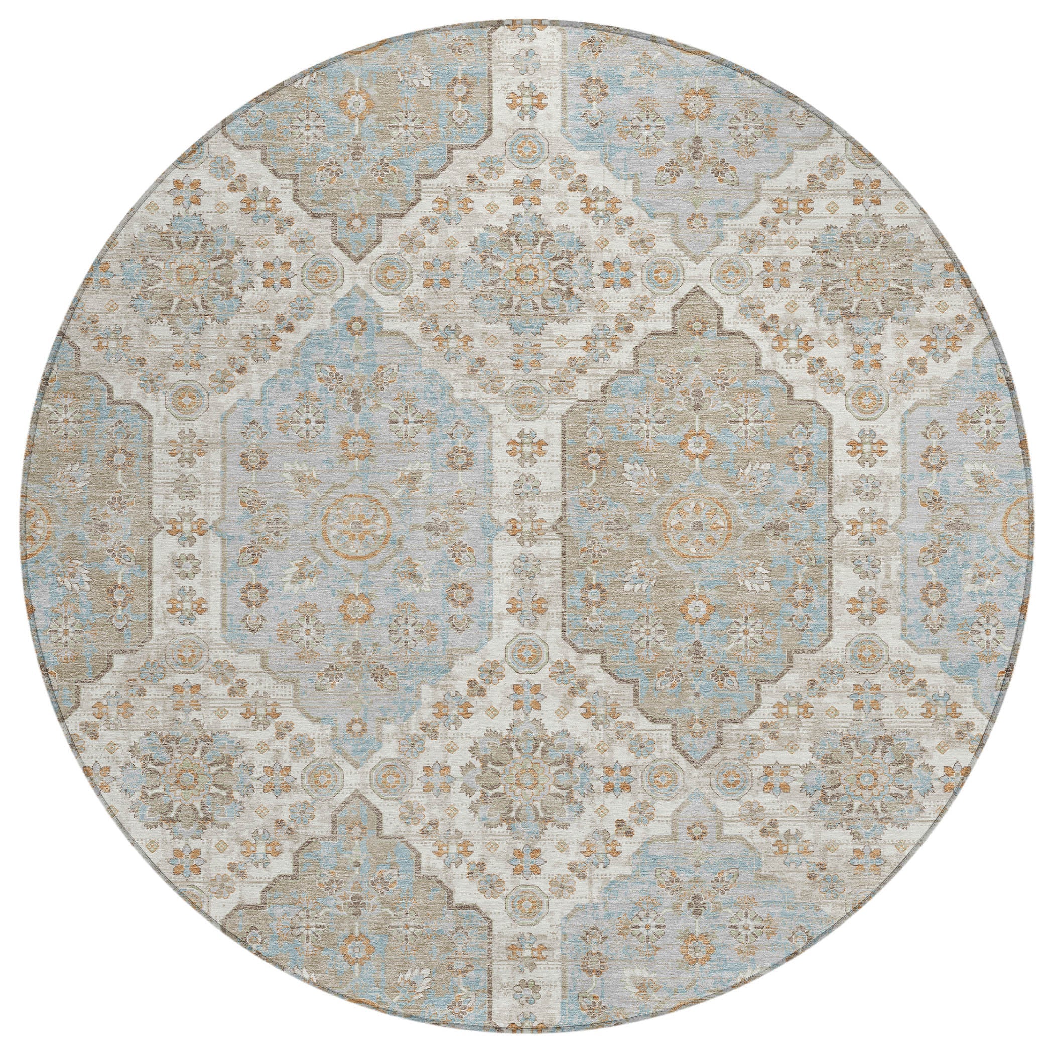 8' Ivory And Beige Round Damask Washable Indoor Outdoor Area Rug Homeroots Outdoor