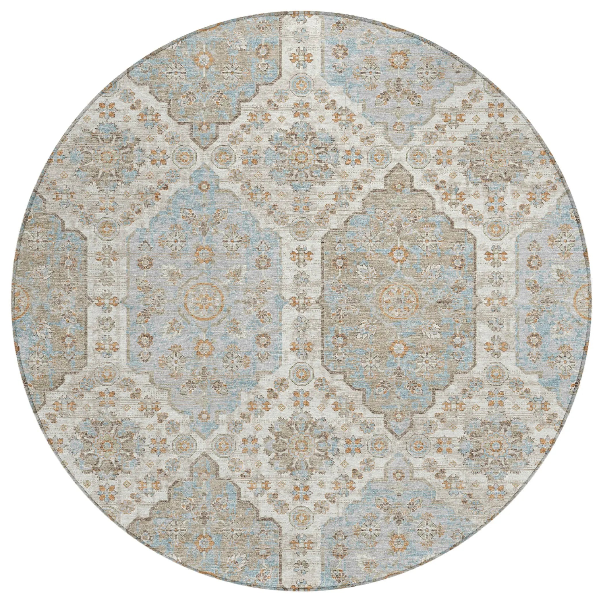 8' Ivory And Beige Round Damask Washable Indoor Outdoor Area Rug Homeroots Outdoor