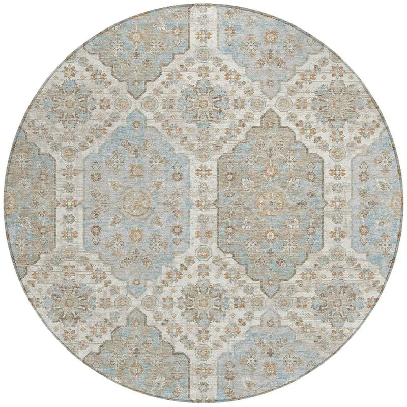 8' Ivory And Beige Round Damask Washable Indoor Outdoor Area Rug Homeroots Outdoor