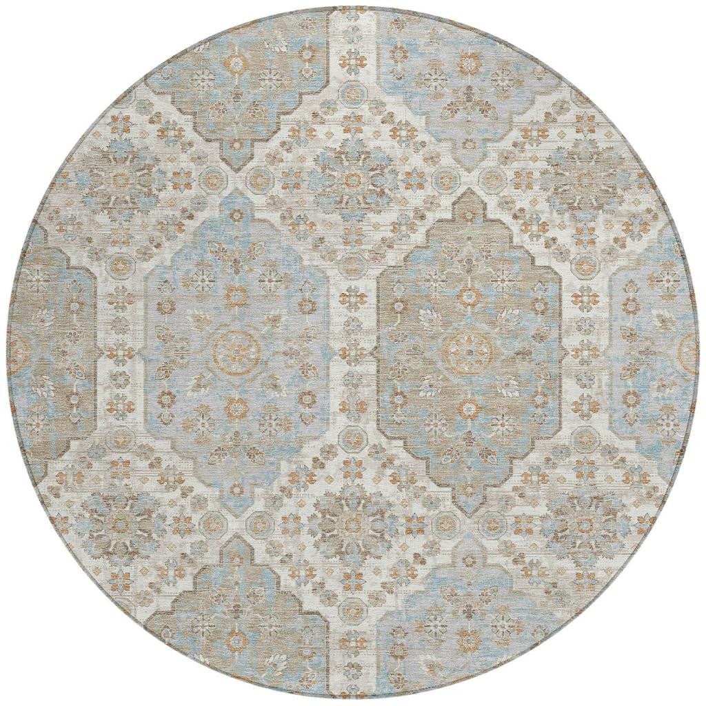 8' Ivory And Beige Round Damask Washable Indoor Outdoor Area Rug Homeroots Outdoor