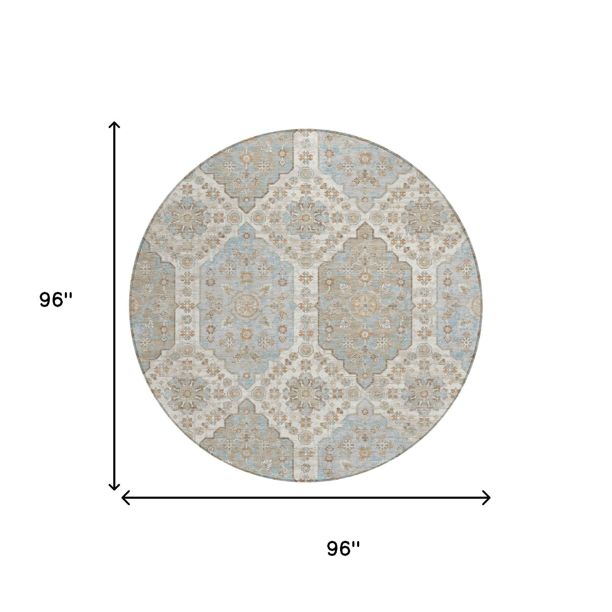 8' Ivory And Beige Round Damask Washable Indoor Outdoor Area Rug Homeroots Outdoor