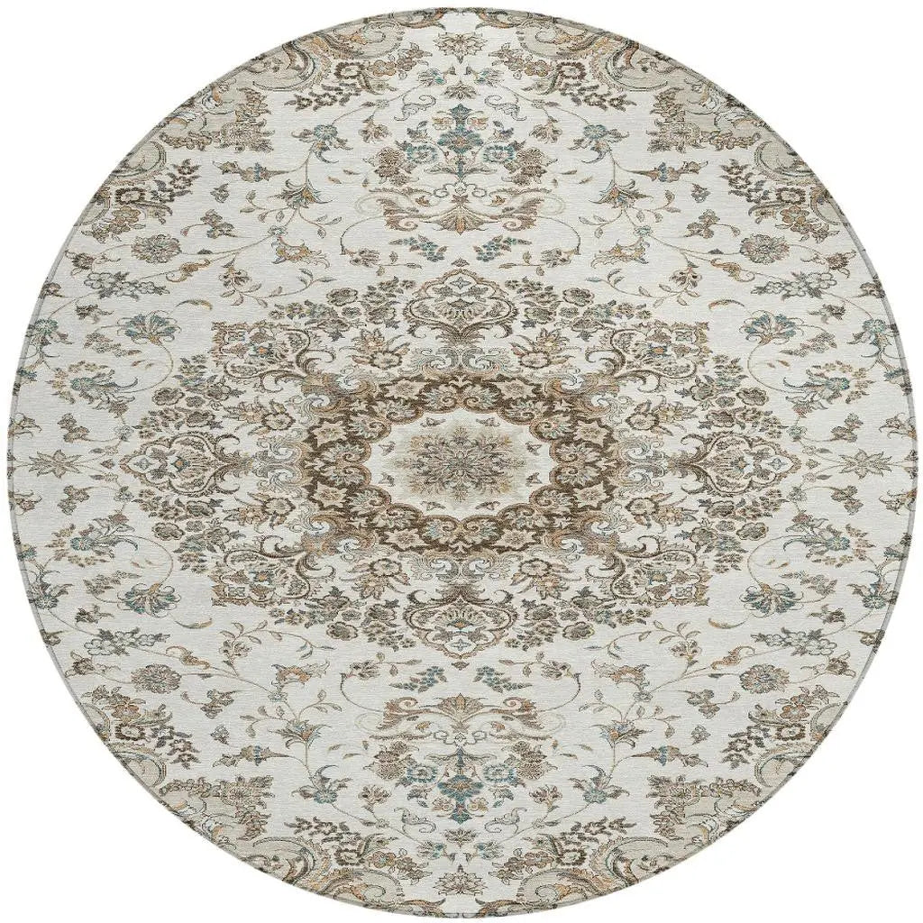 8' Ivory And Beige Round Floral Medallion Washable Indoor Outdoor Area Rug Homeroots Outdoor