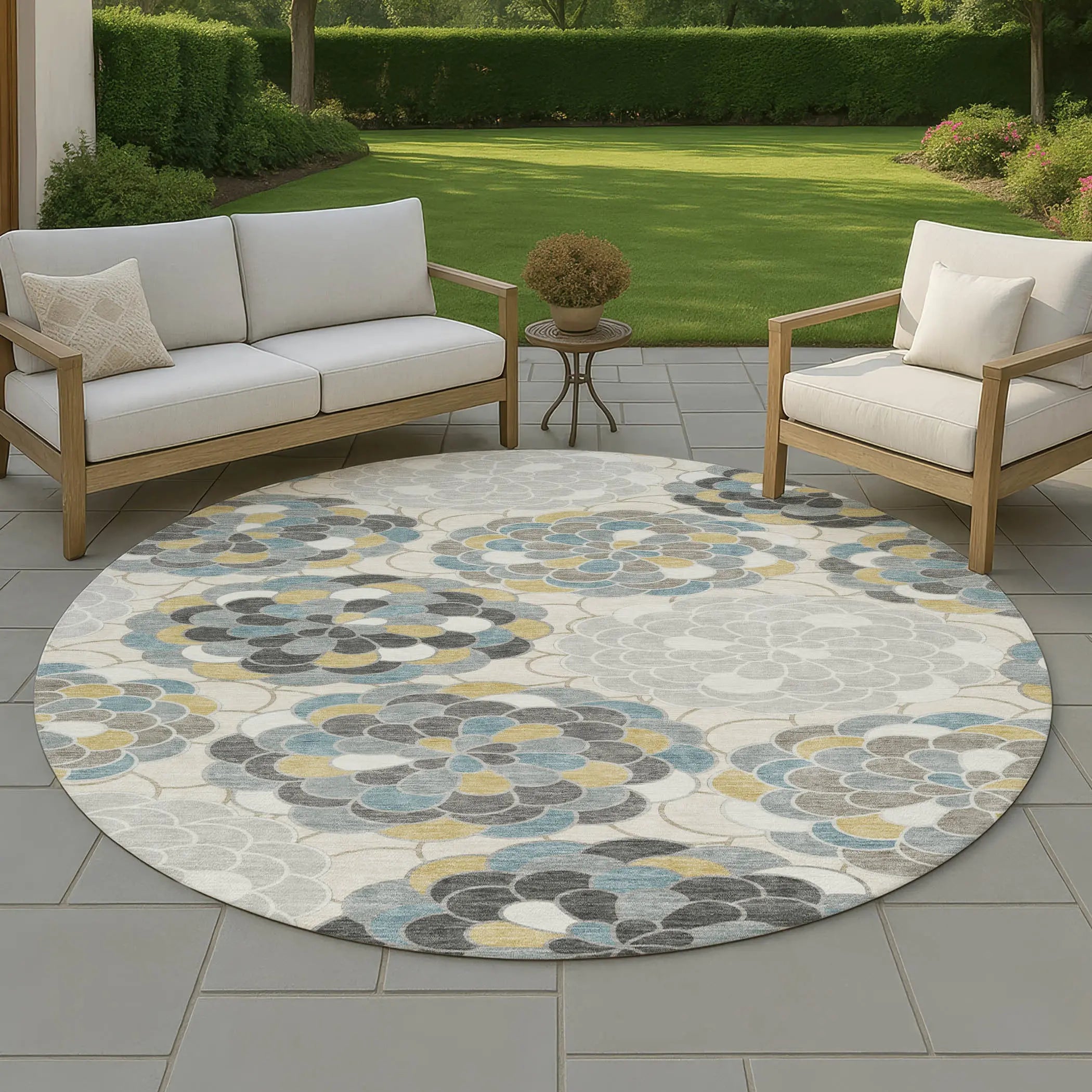 8' Ivory And Beige Round Floral Washable Indoor Outdoor Area Rug Homeroots Outdoor