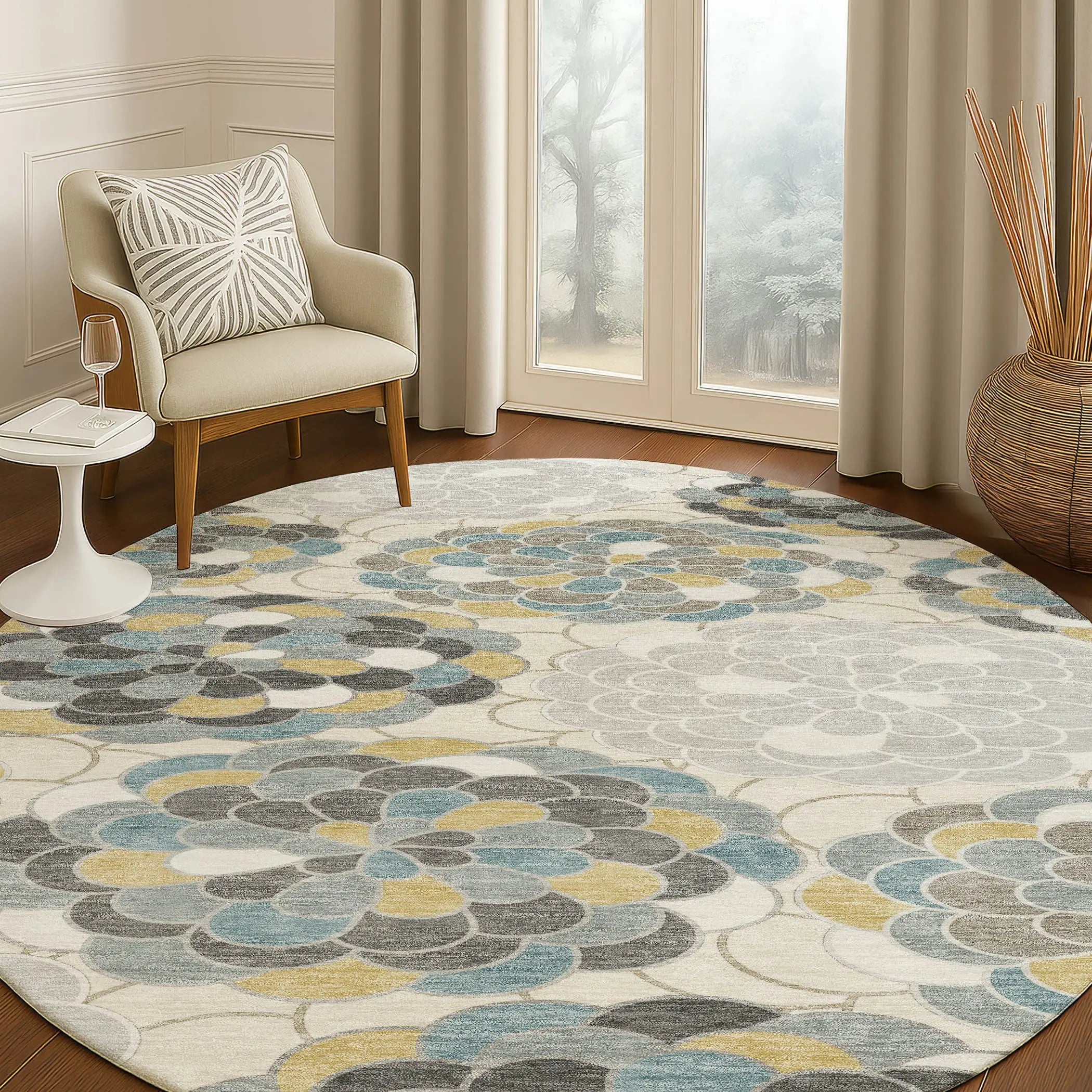8' Ivory And Beige Round Floral Washable Indoor Outdoor Area Rug Homeroots Outdoor