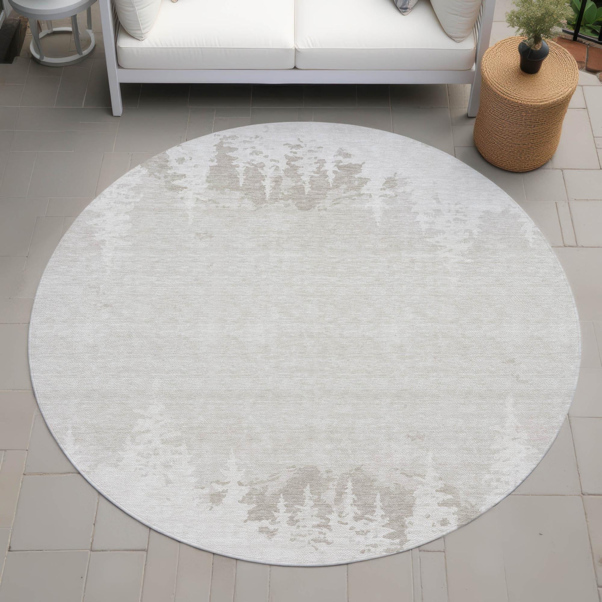 8' Ivory And Beige Round Floral Washable Indoor Outdoor Area Rug Homeroots Outdoor