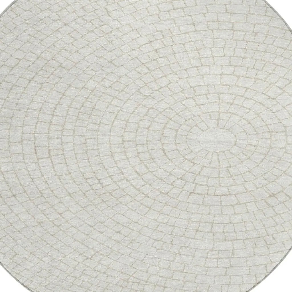 8' Ivory And Beige Round Geometric Washable Indoor Outdoor Area Rug Homeroots Outdoor