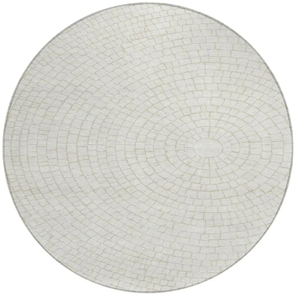 8' Ivory And Beige Round Geometric Washable Indoor Outdoor Area Rug Homeroots Outdoor