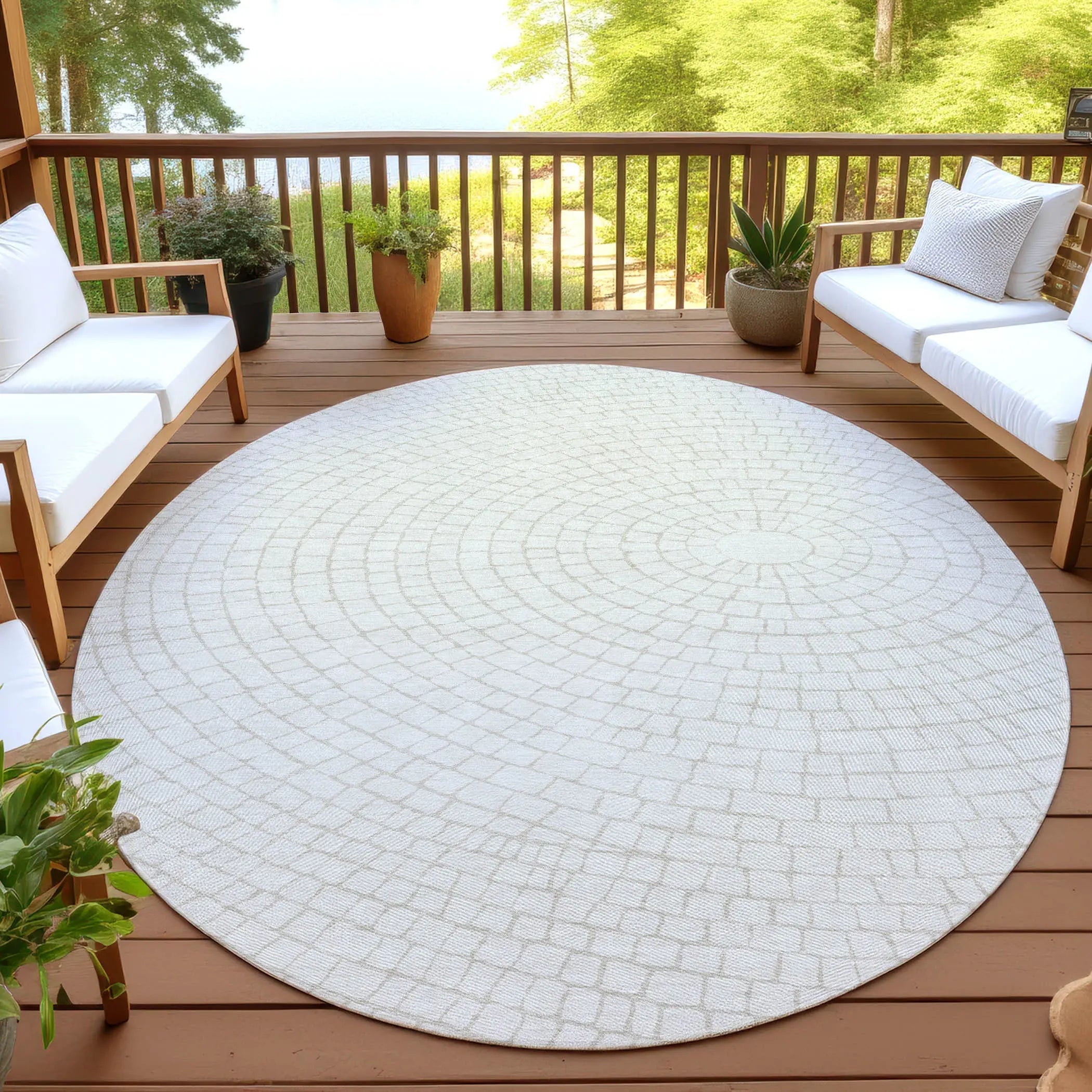 8' Ivory And Beige Round Geometric Washable Indoor Outdoor Area Rug Homeroots Outdoor