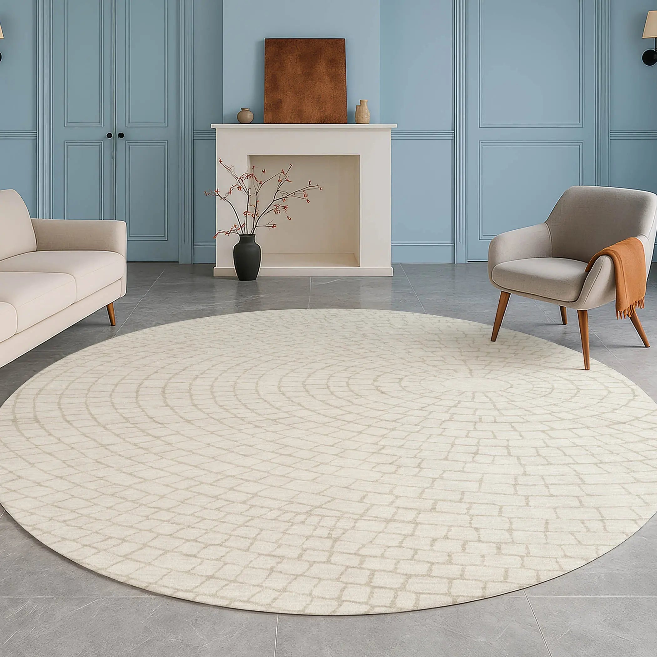 8' Ivory And Beige Round Geometric Washable Indoor Outdoor Area Rug Homeroots Outdoor