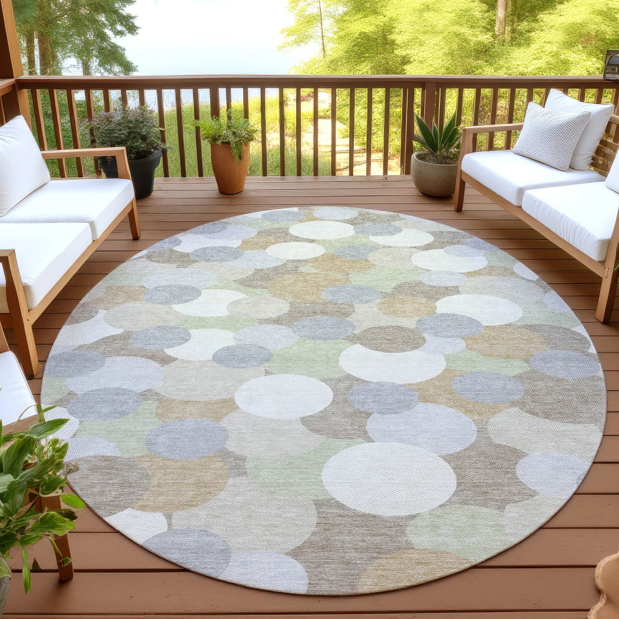 8' Ivory And Beige Round Geometric Washable Indoor Outdoor Area Rug Homeroots Outdoor