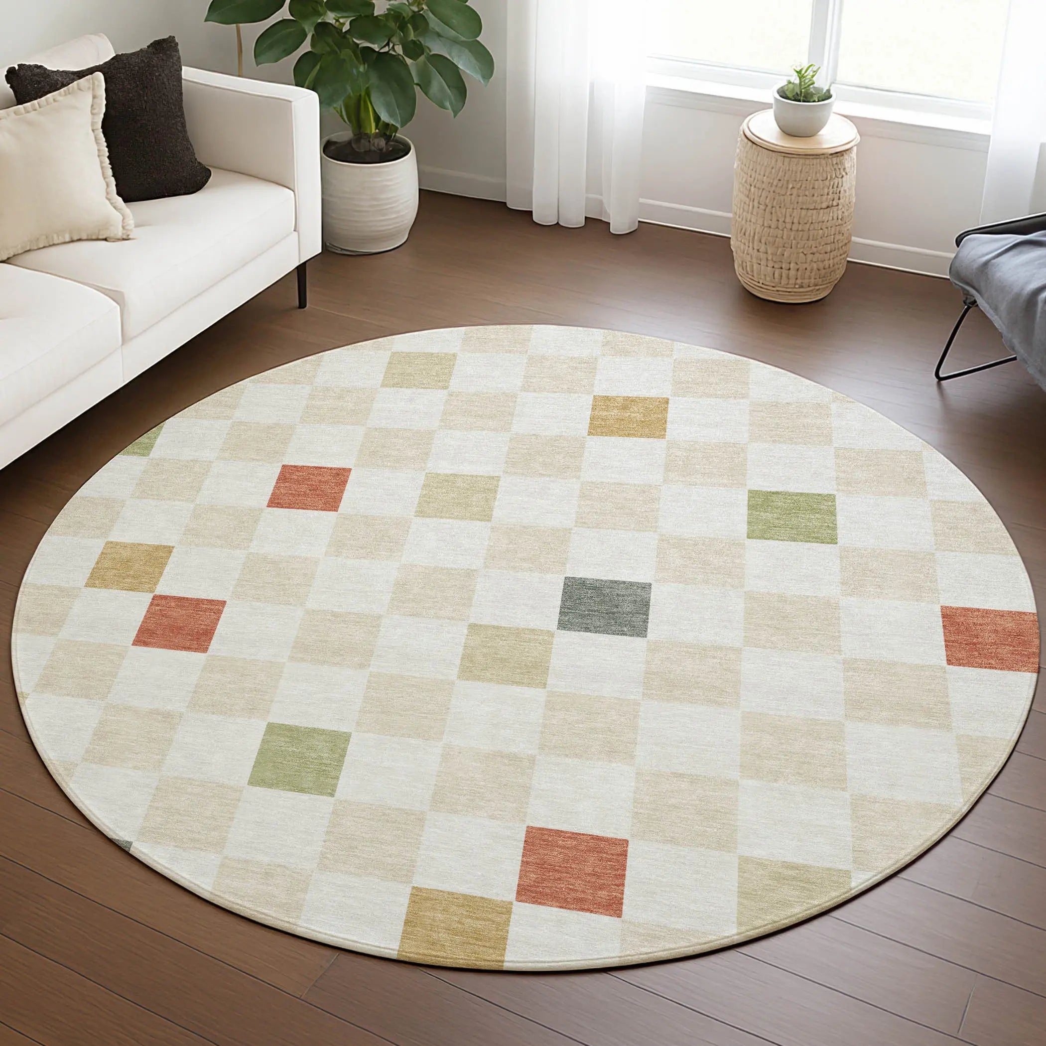 8' Ivory And Beige Round Geometric Washable Indoor Outdoor Area Rug Homeroots Outdoor