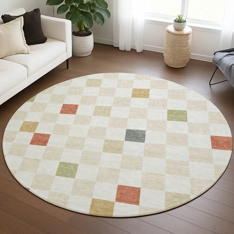 8' Ivory And Beige Round Geometric Washable Indoor Outdoor Area Rug Homeroots Outdoor