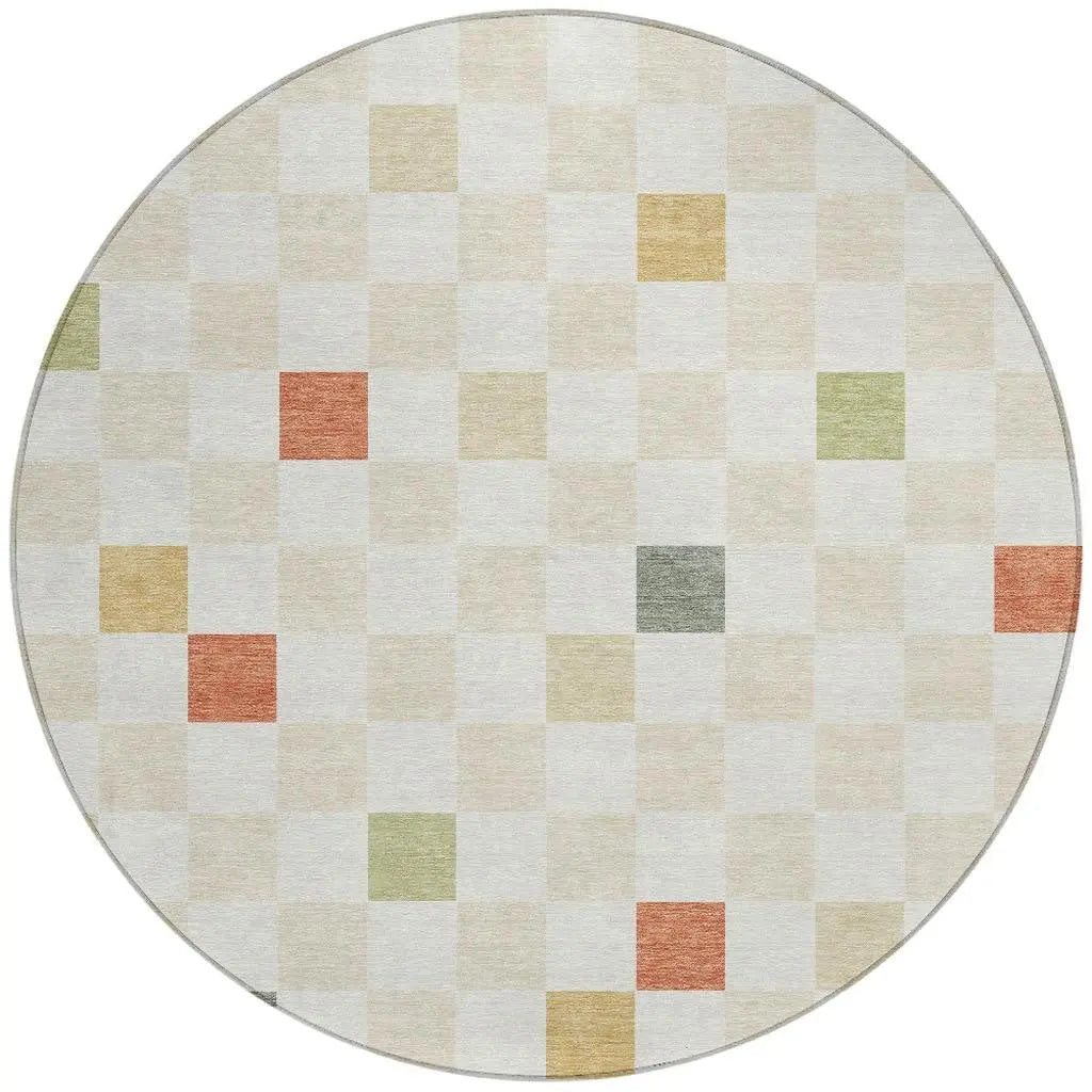 8' Ivory And Beige Round Geometric Washable Indoor Outdoor Area Rug Homeroots Outdoor