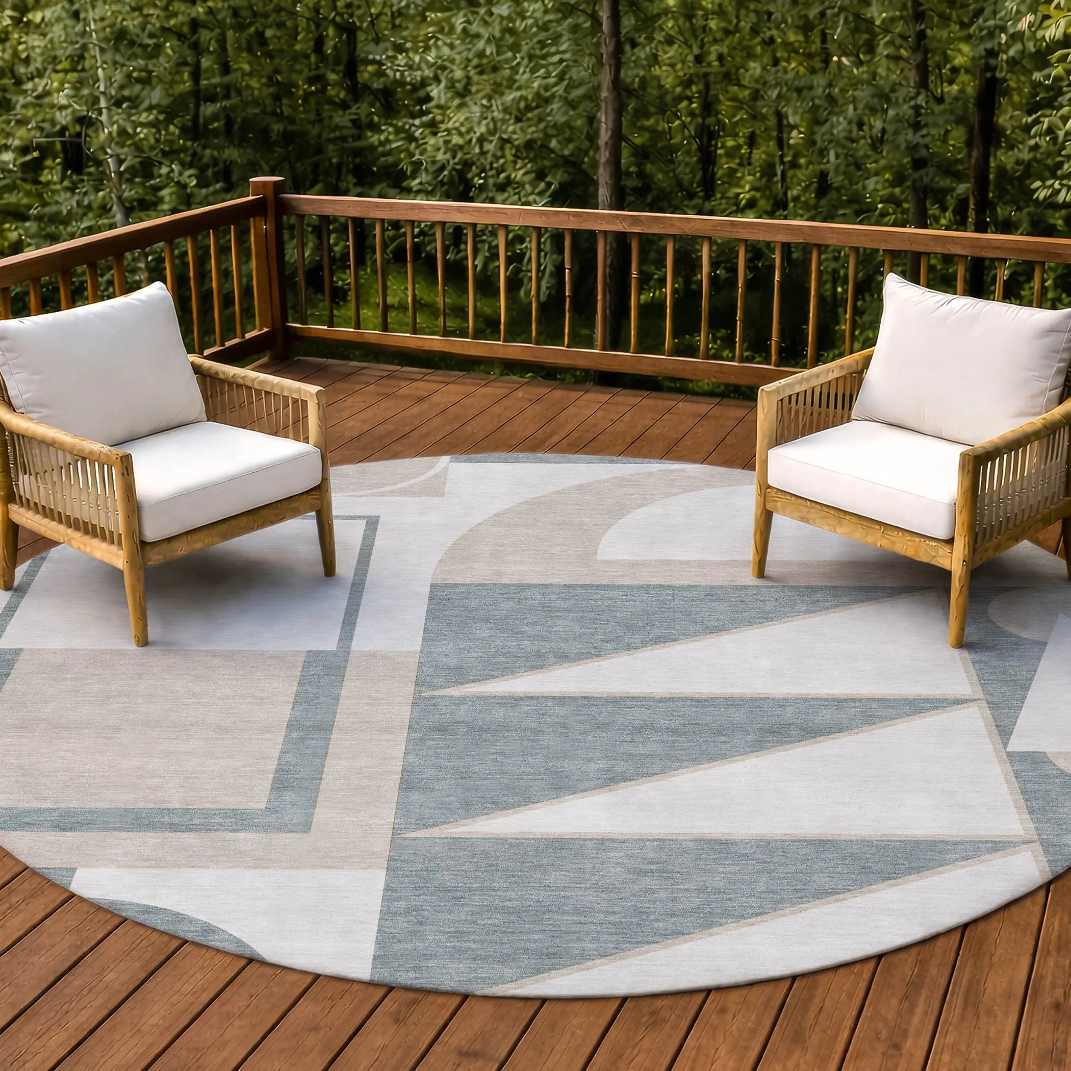 8' Ivory And Beige Round Geometric Washable Indoor Outdoor Area Rug Homeroots Outdoor