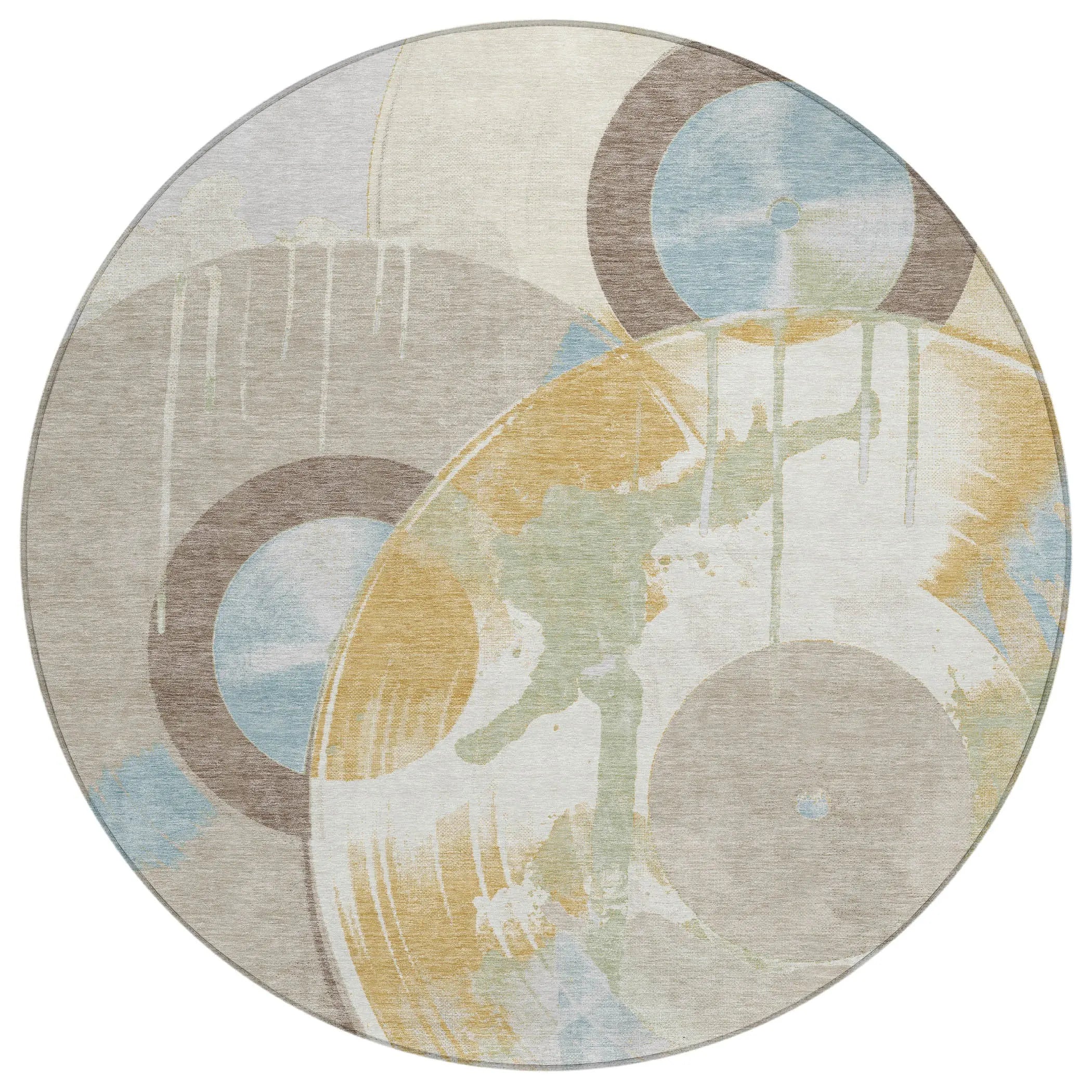 8' Ivory And Beige Round Geometric Washable Indoor Outdoor Area Rug Homeroots Outdoor