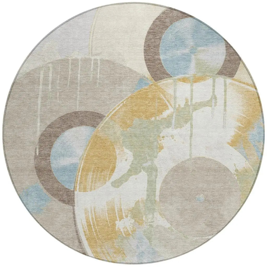 8' Ivory And Beige Round Geometric Washable Indoor Outdoor Area Rug Homeroots Outdoor