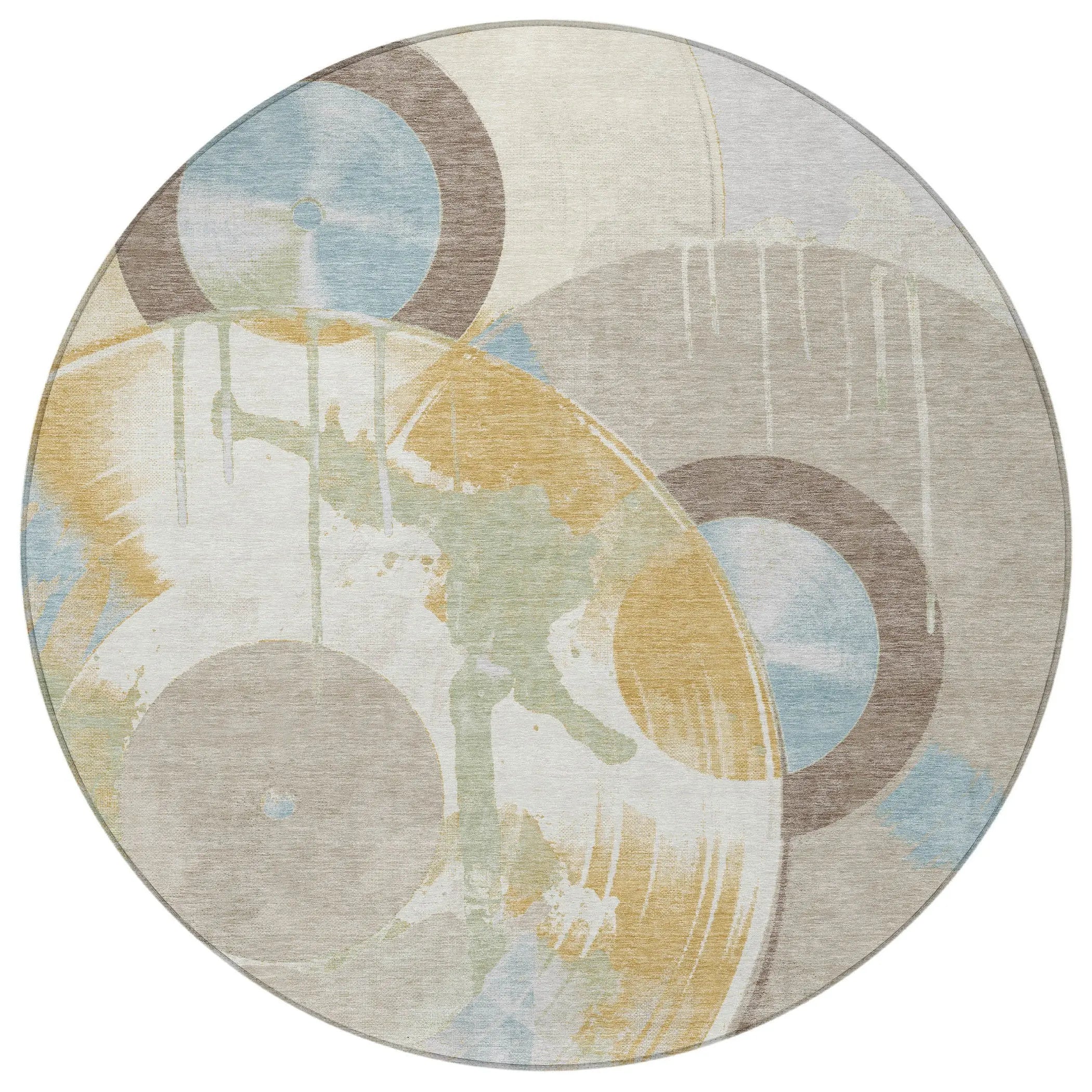 8' Ivory And Beige Round Geometric Washable Indoor Outdoor Area Rug Homeroots Outdoor