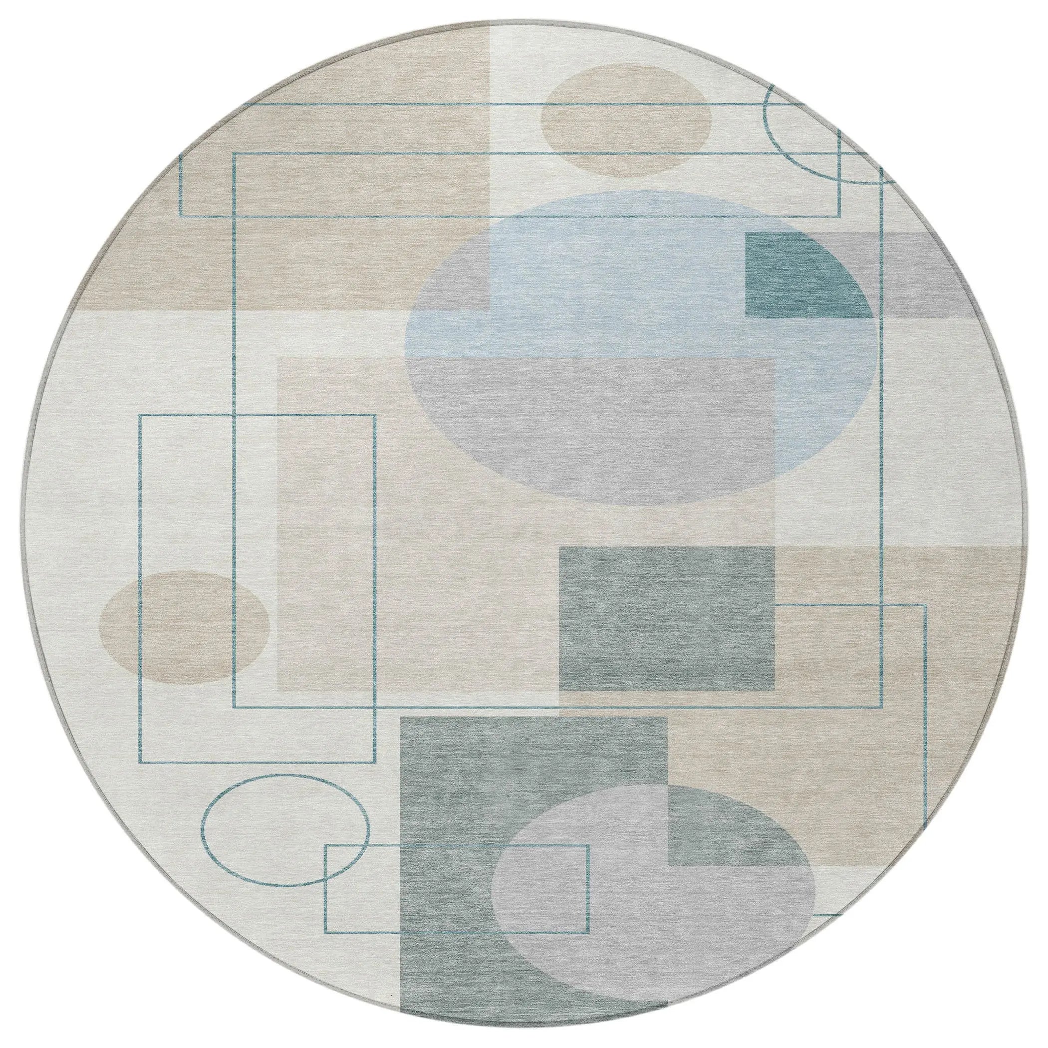8' Ivory And Beige Round Geometric Washable Indoor Outdoor Area Rug Homeroots Outdoor