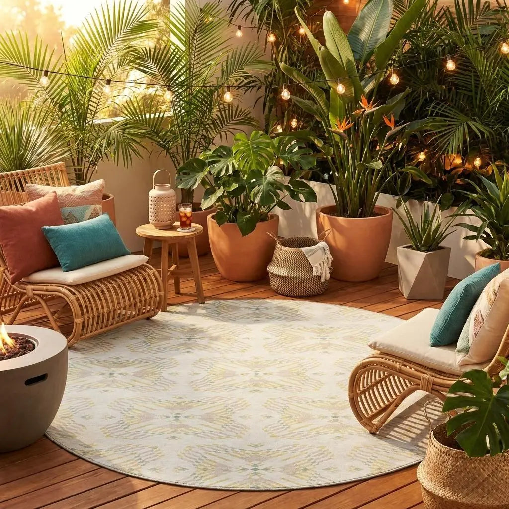 8' Ivory And Beige Round Geometric Washable Indoor Outdoor Area Rug Homeroots Outdoor