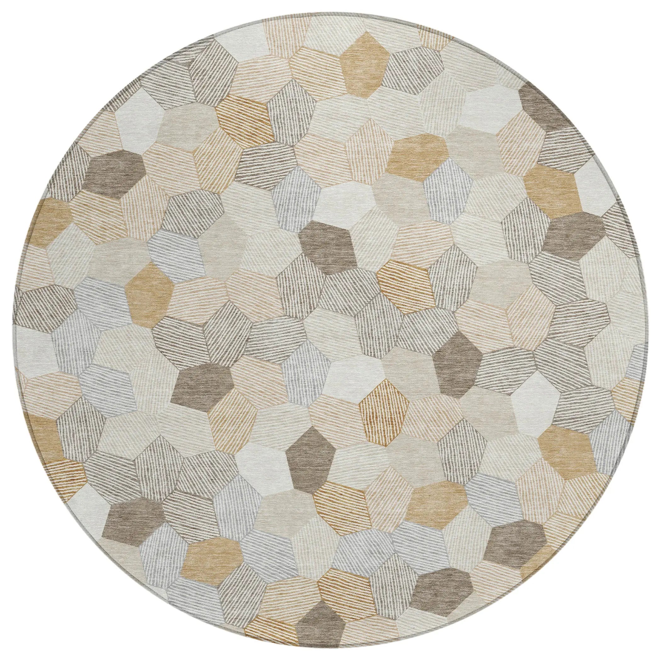 8' Ivory And Beige Round Geometric Washable Indoor Outdoor Area Rug Homeroots Outdoor