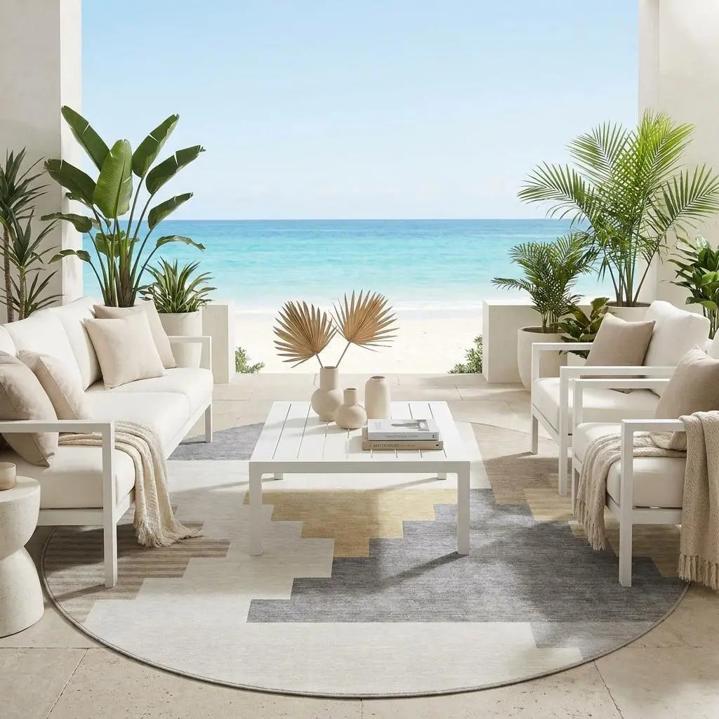 8' Ivory And Beige Round Geometric Washable Indoor Outdoor Area Rug Homeroots Outdoor
