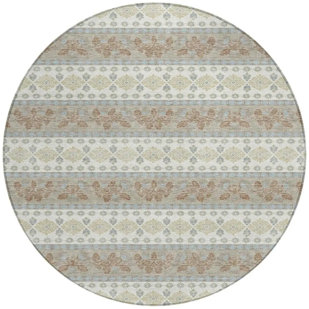 8' Ivory And Beige Round Striped Washable Indoor Outdoor Area Rug Homeroots Outdoor