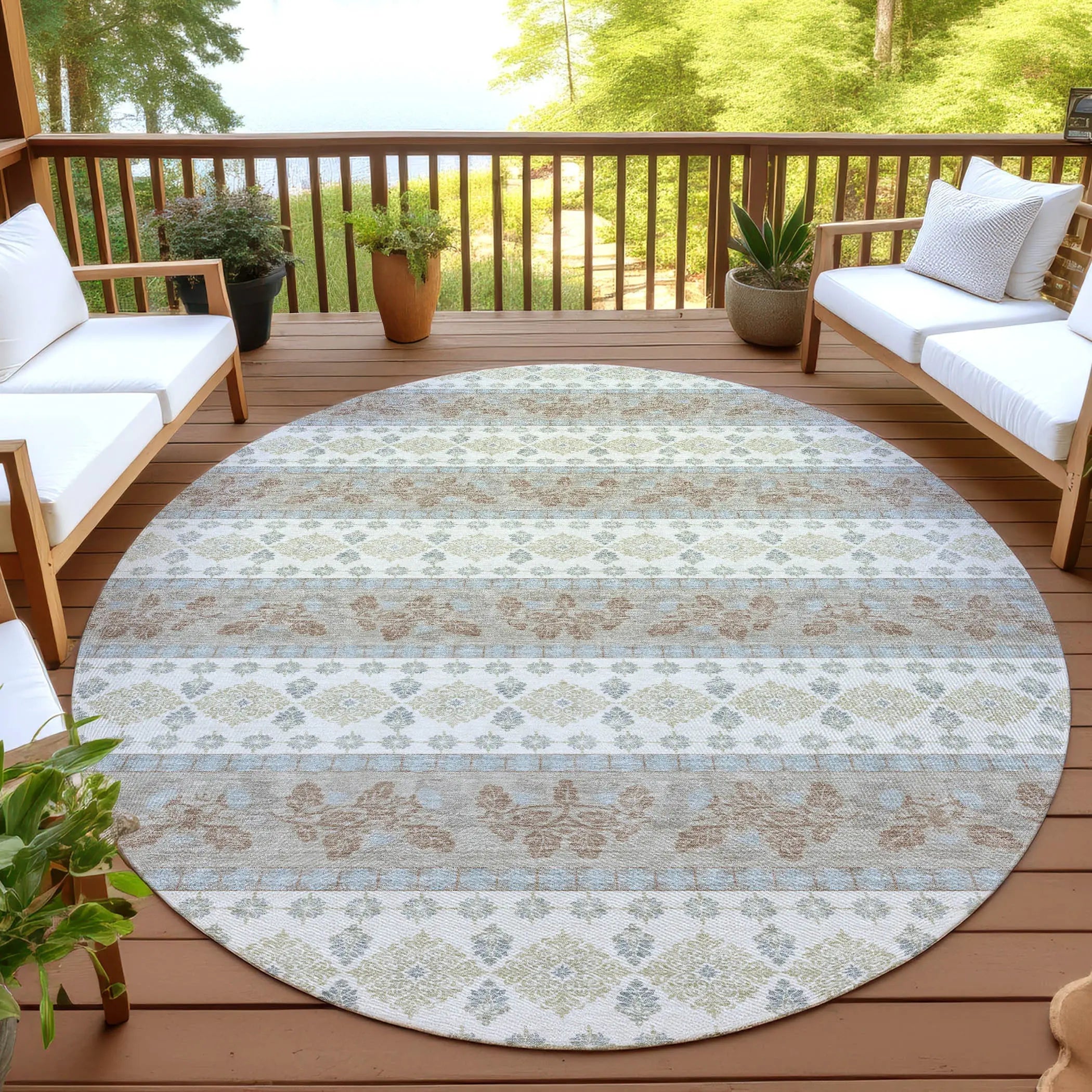 8' Ivory And Beige Round Striped Washable Indoor Outdoor Area Rug Homeroots Outdoor