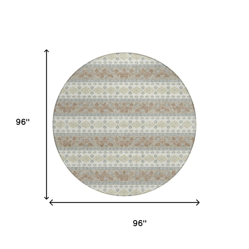 8' Ivory And Beige Round Striped Washable Indoor Outdoor Area Rug Homeroots Outdoor