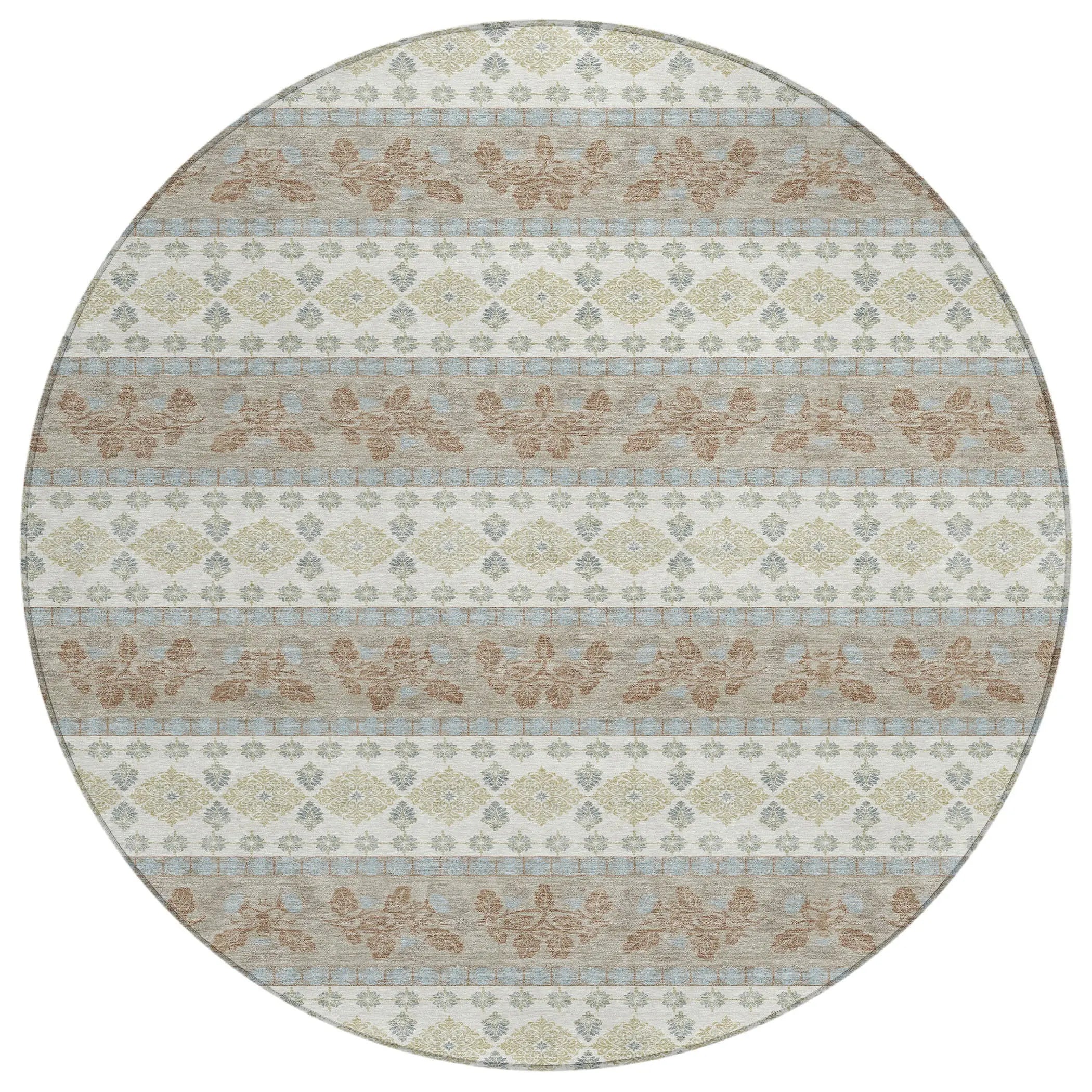 8' Ivory And Beige Round Striped Washable Indoor Outdoor Area Rug Homeroots Outdoor