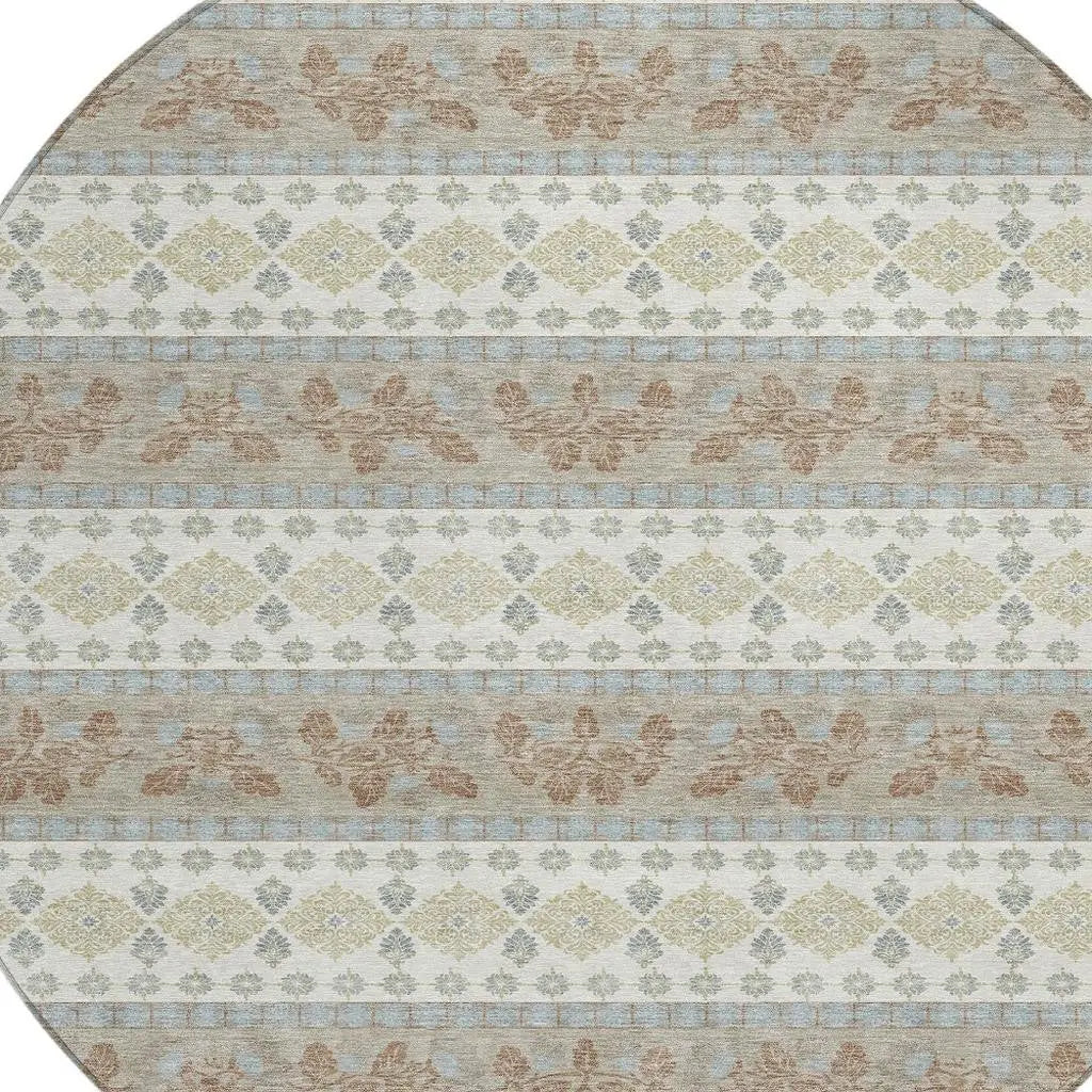 8' Ivory And Beige Round Striped Washable Indoor Outdoor Area Rug Homeroots Outdoor