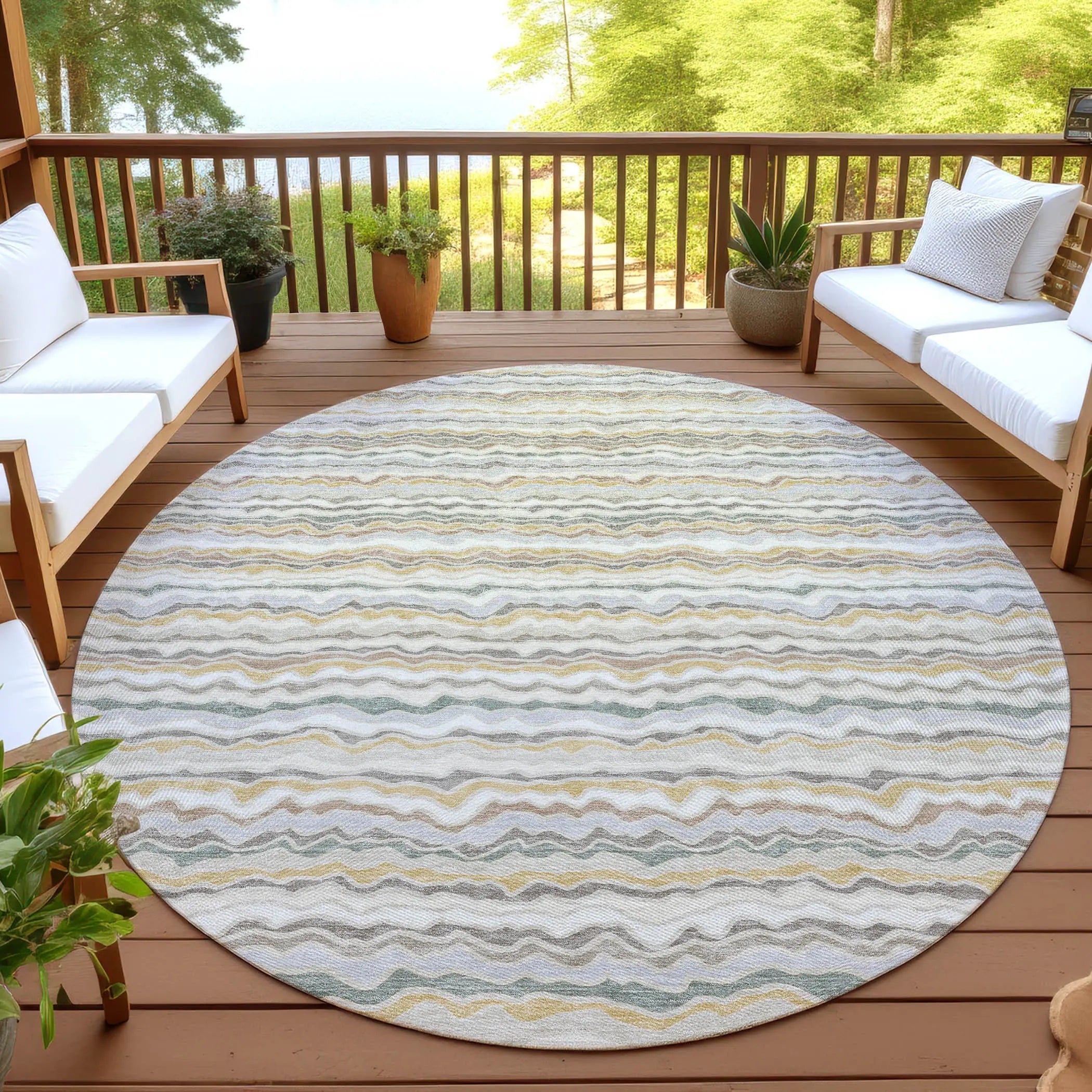 8' Ivory And Beige Round Striped Washable Indoor Outdoor Area Rug Homeroots Outdoor