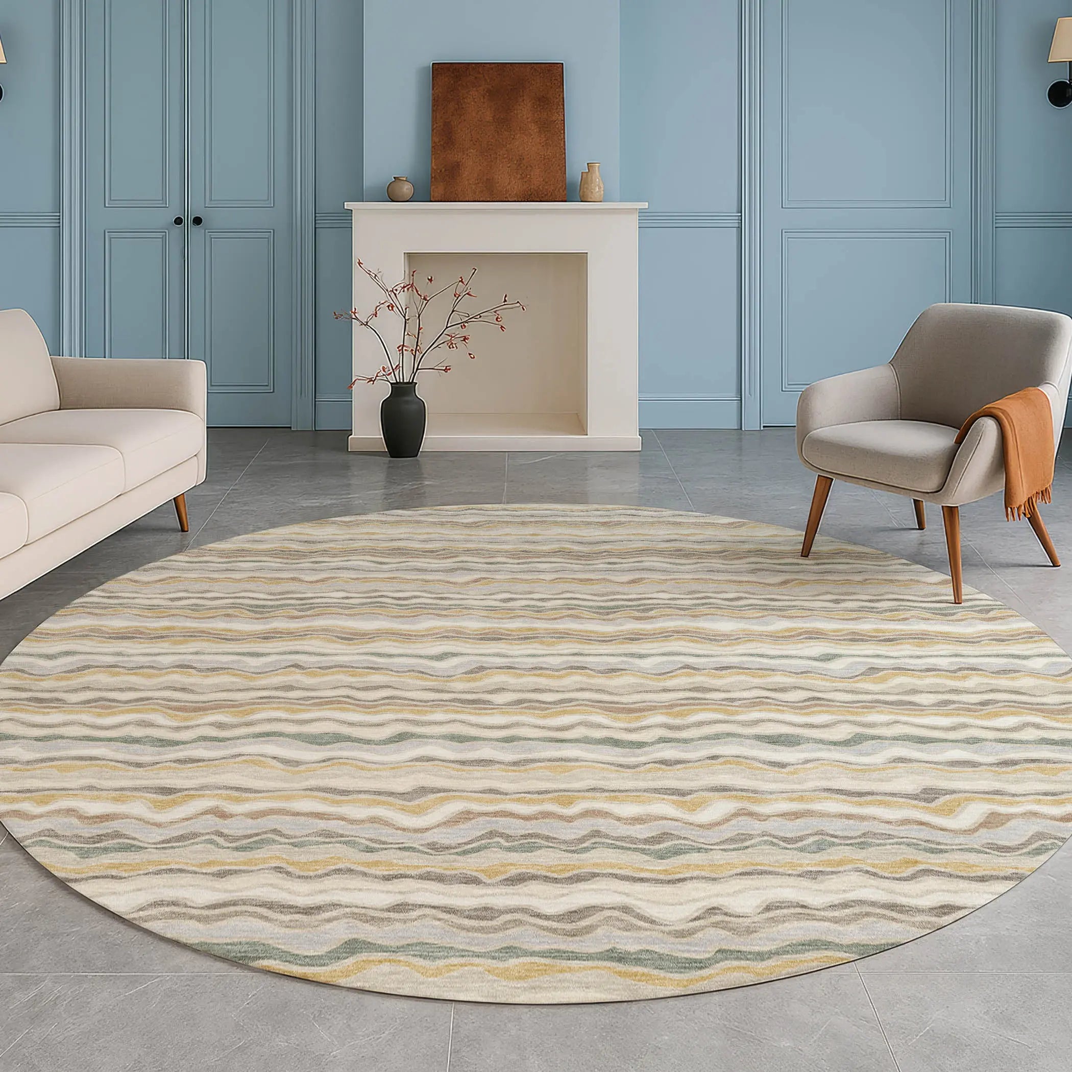 8' Ivory And Beige Round Striped Washable Indoor Outdoor Area Rug Homeroots Outdoor