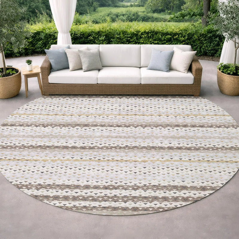 8' Ivory And Beige Round Striped Washable Indoor Outdoor Area Rug Homeroots Outdoor
