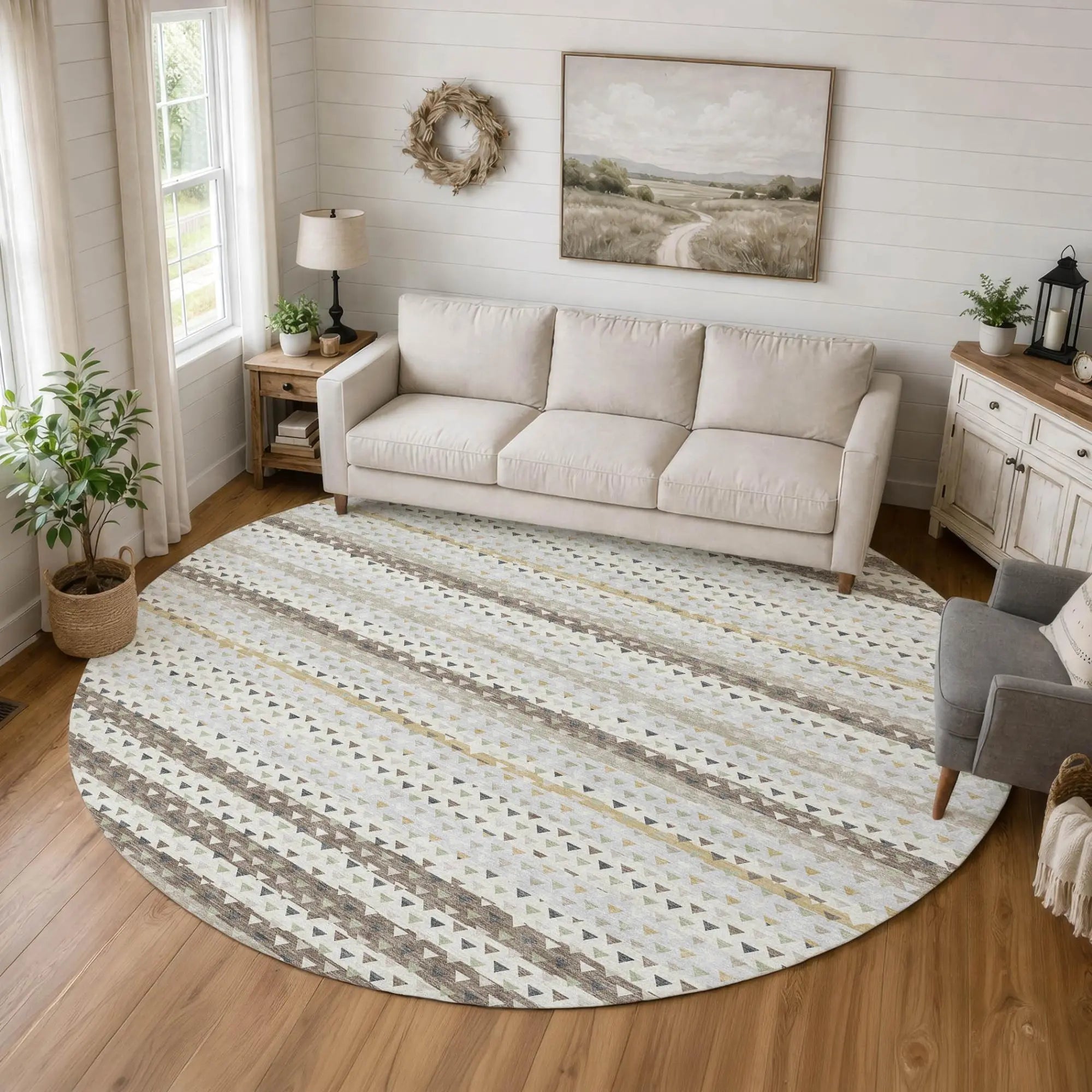 8' Ivory And Beige Round Striped Washable Indoor Outdoor Area Rug Homeroots Outdoor