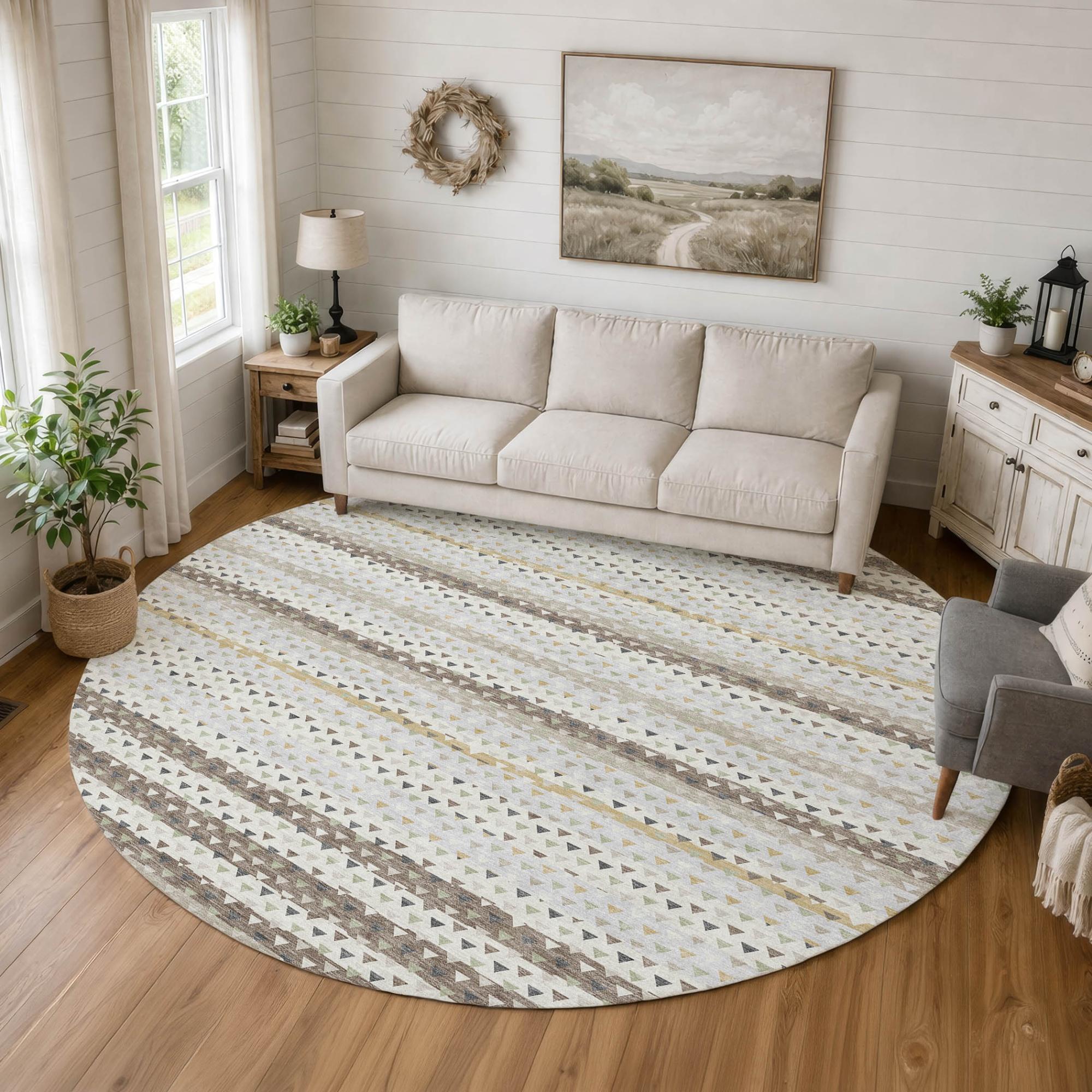 8' Ivory And Beige Round Striped Washable Indoor Outdoor Area Rug Homeroots Outdoor