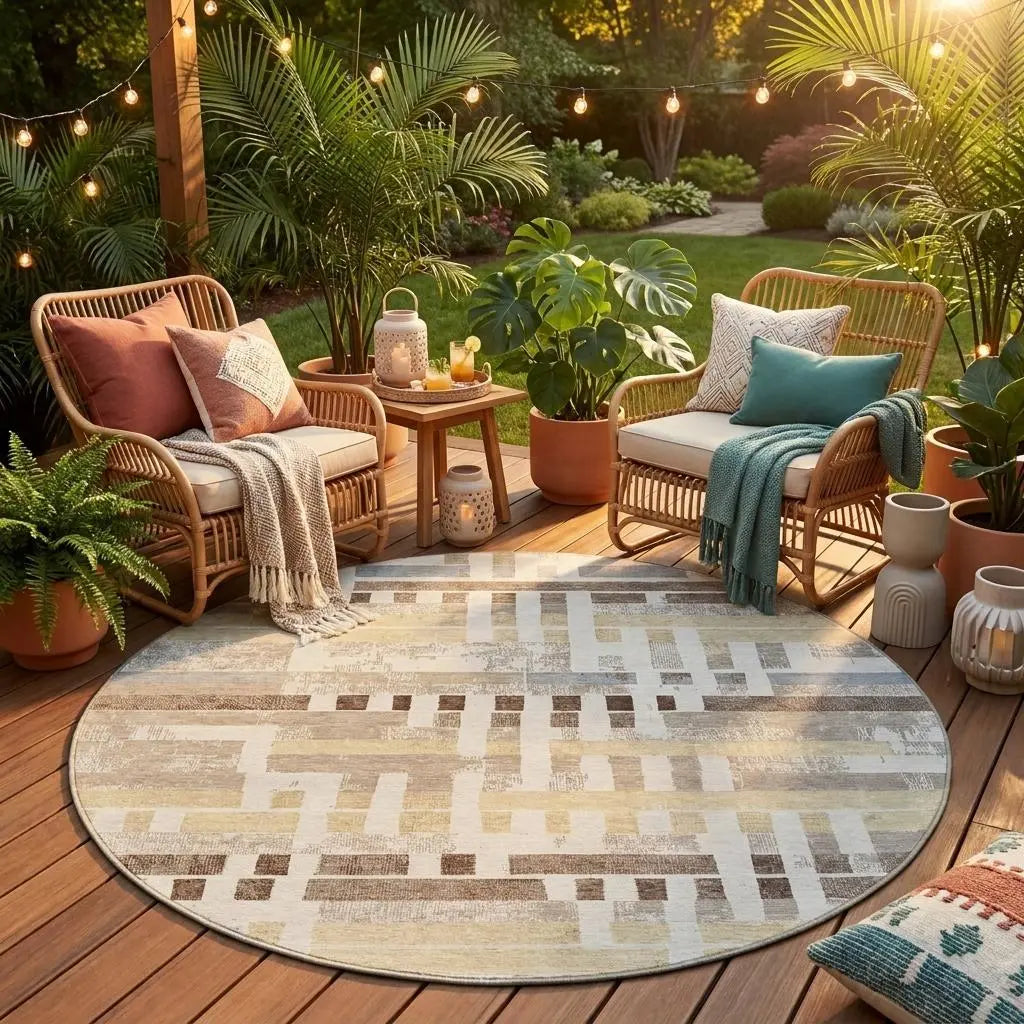 8' Ivory And Beige Round Striped Washable Indoor Outdoor Area Rug Homeroots Outdoor
