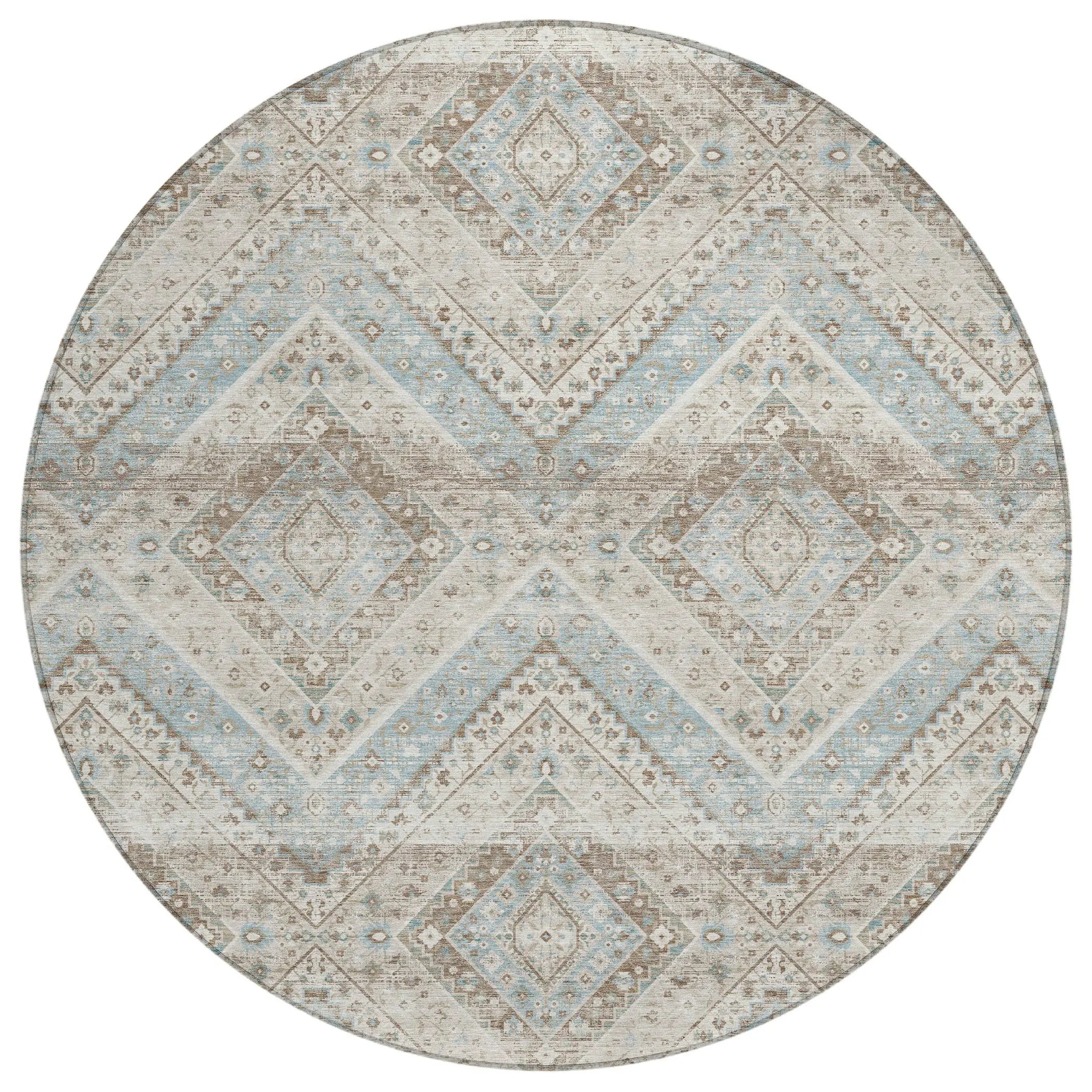8' Ivory And Beige Round Tribal Washable Indoor Outdoor Area Rug Homeroots Outdoor
