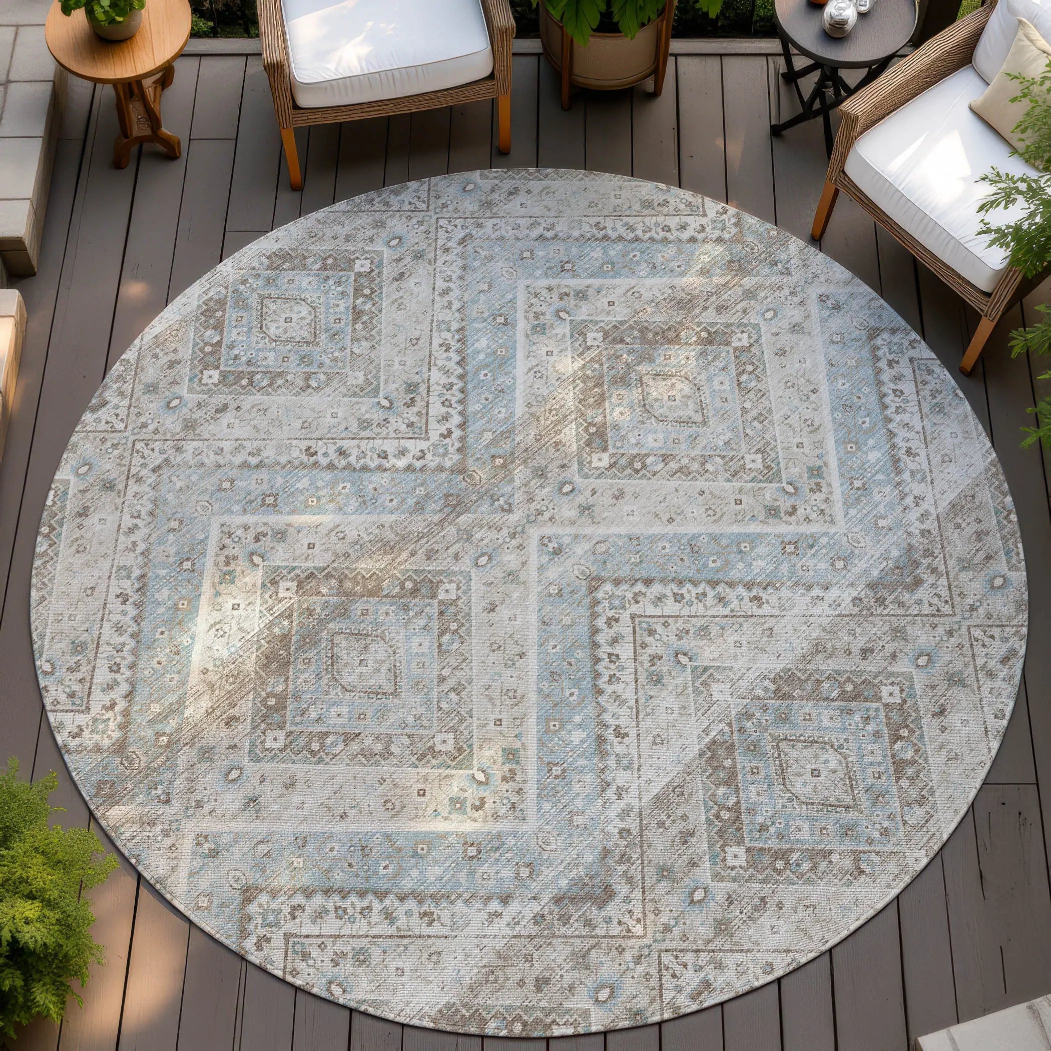 8' Ivory And Beige Round Tribal Washable Indoor Outdoor Area Rug Homeroots Outdoor