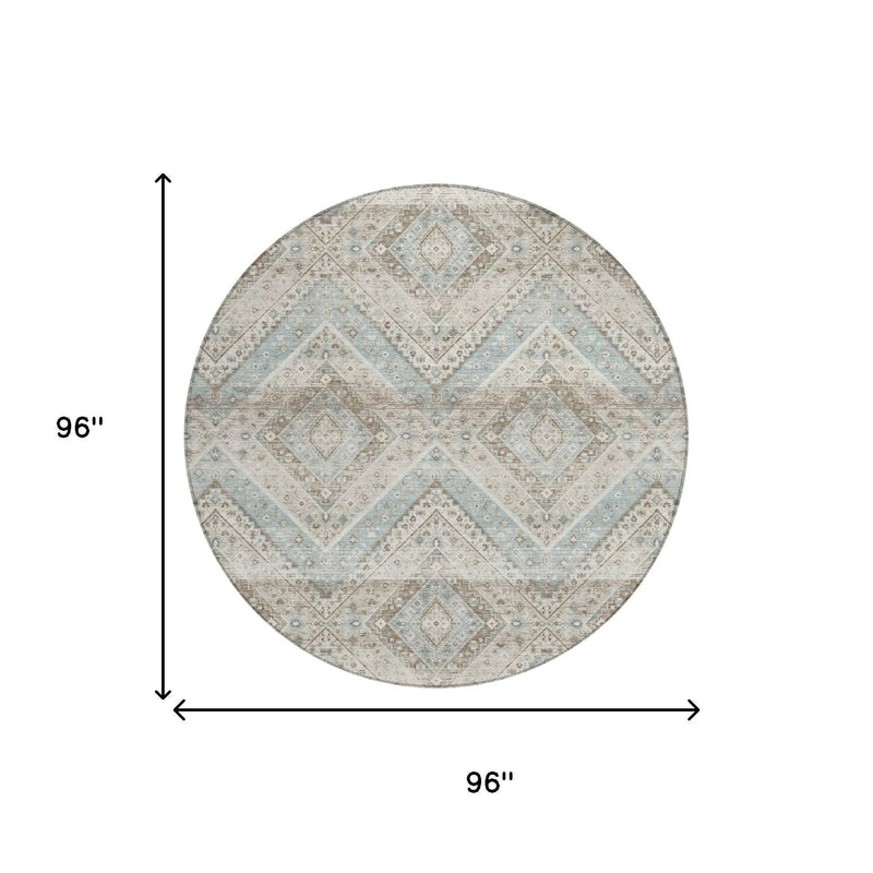 8' Ivory And Beige Round Tribal Washable Indoor Outdoor Area Rug Homeroots Outdoor