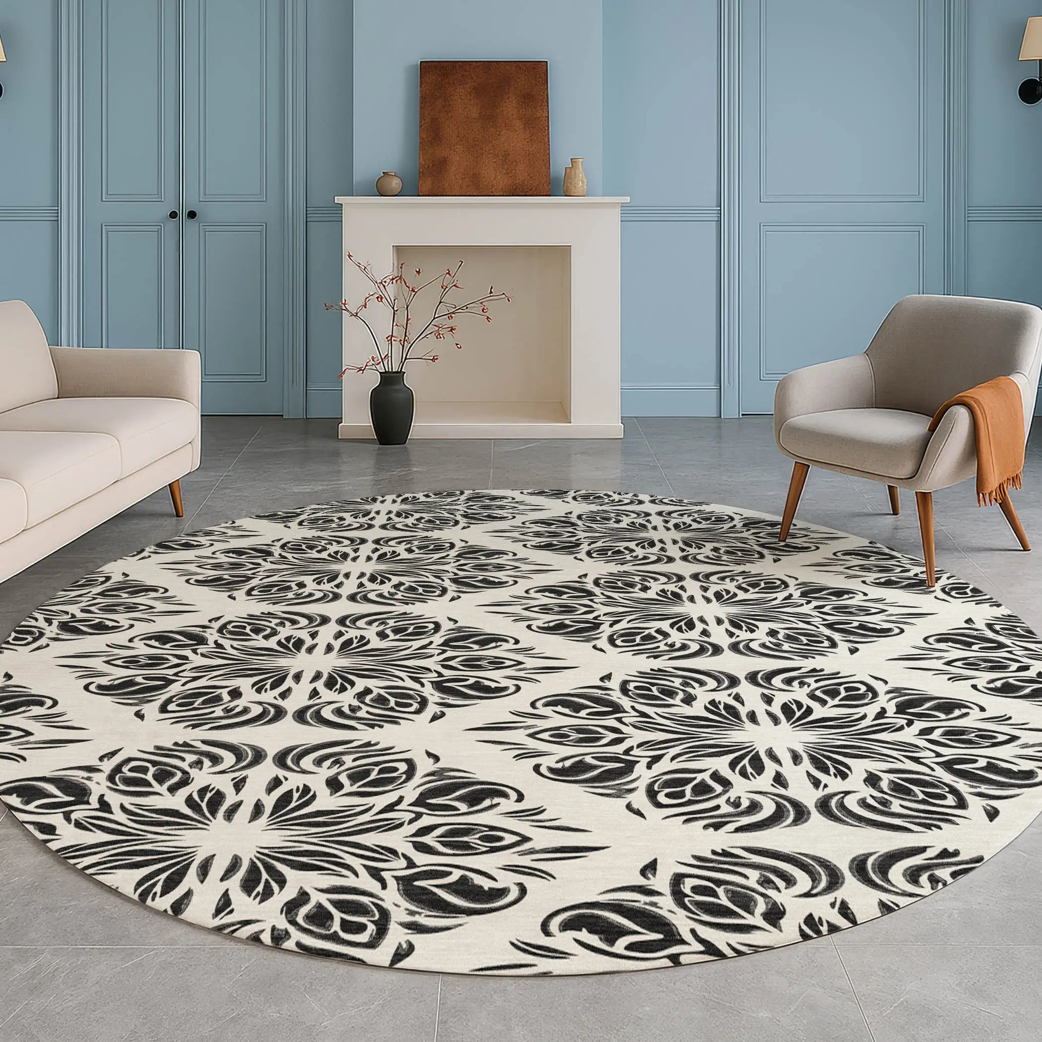 8' Ivory And Black Round Damask Washable Indoor Outdoor Area Rug Homeroots Outdoor