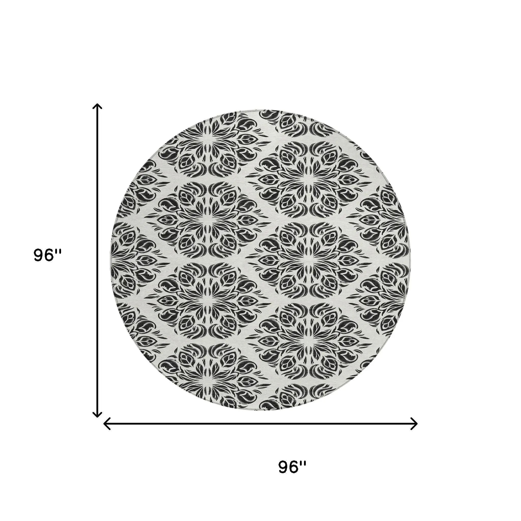 8' Ivory And Black Round Damask Washable Indoor Outdoor Area Rug Homeroots Outdoor